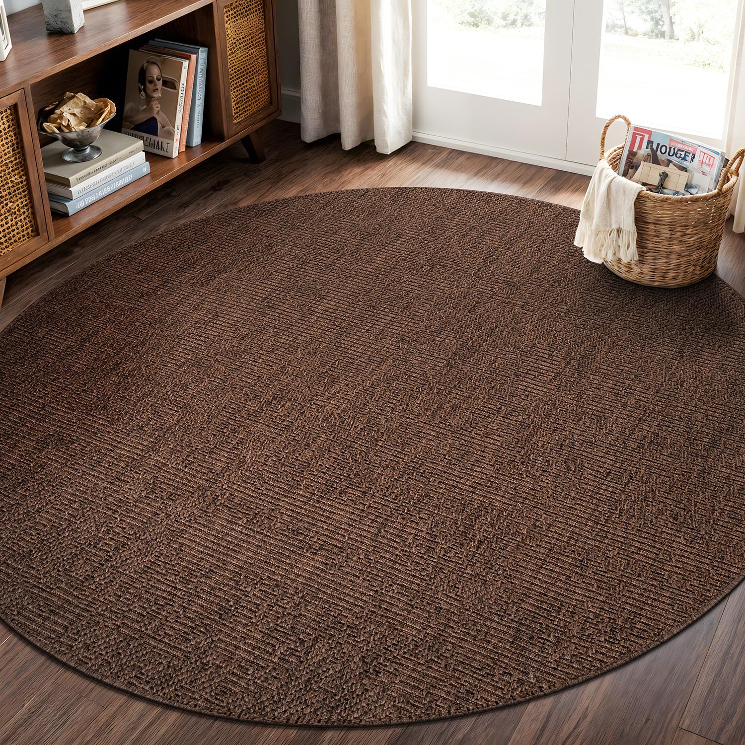 CAMILSON Easy Jute Round Rug 6ft Indoor Outdoor Brown Color Fiber Area Rugs for Living Room Patio and Kitchen Rug, Solid Boho Woven Design