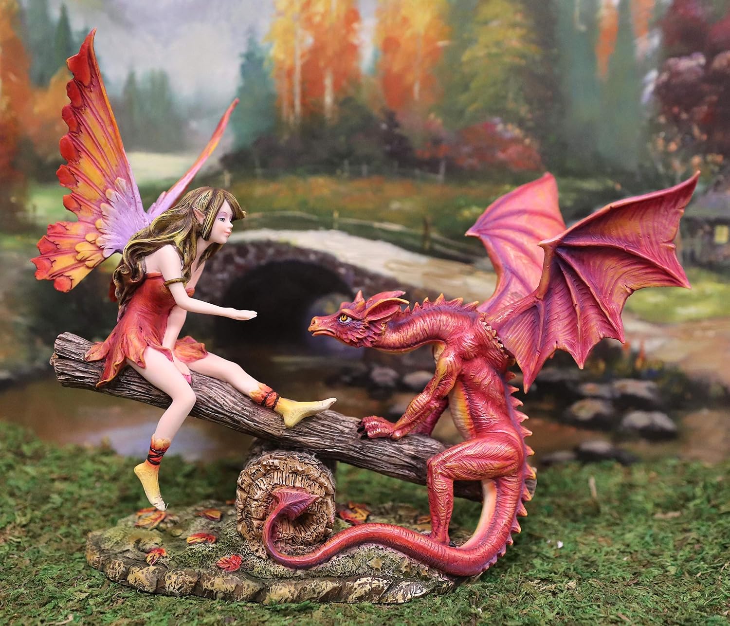 Ebros Amy Brown Playground Buddies Enchanted Elf Fire Fairy FAE with Red Dragon Sitting On Forest Wood Logs Seesaw Statue 8.5" Tall Fantasy Faery Garden Collectible Figurine