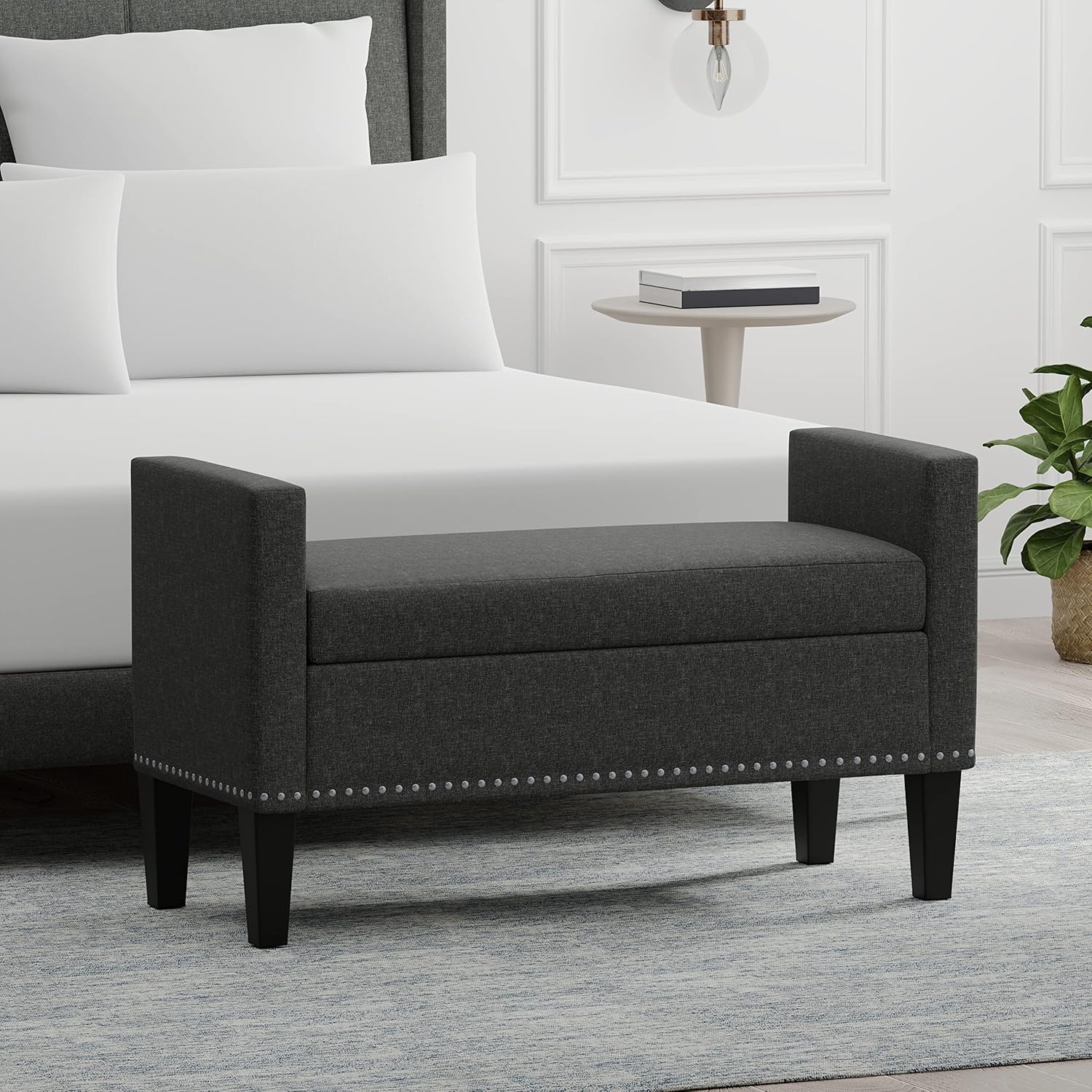 Glenwillow Home 42" Upholstered Storage Bench with Track Arms, Wood Legs, and Nailhead Trim in Dark Gray