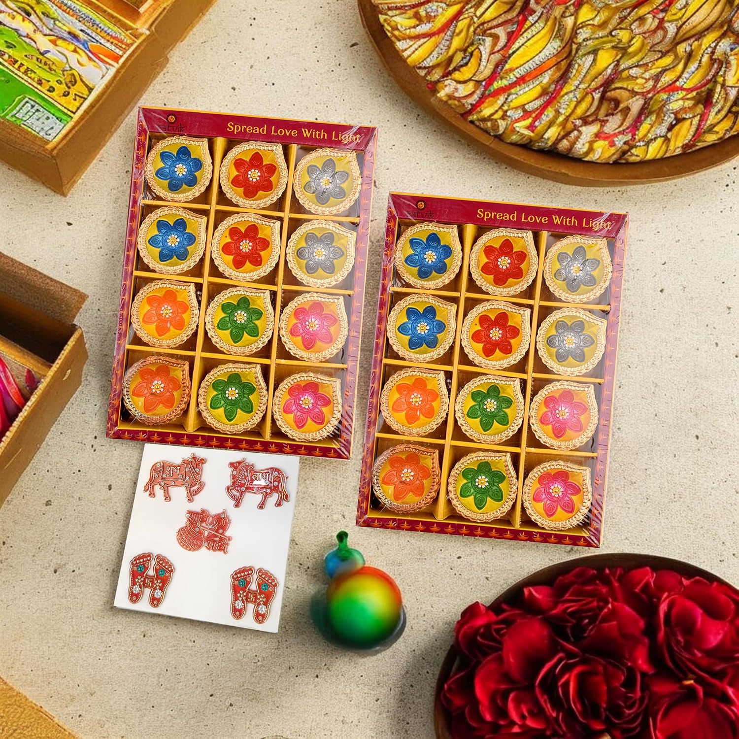 SATVIK 12 Pc Multicolor Clay Diya Terracotta Dia Traditional Puja Vilakku Oil Lamp Natural Mitti Diya Tea Light Welcome Diwali Deepawali Navratri Pooja Décorations Indian Housewarming (Pack of 24)
