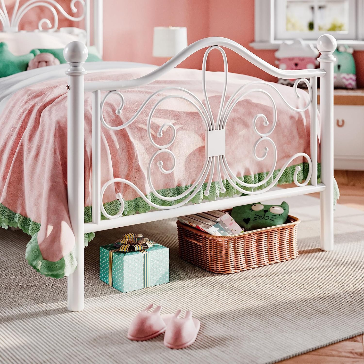 SHA CERLIN Twin Size Bed Frame for Kids,Metal Bed Frame with Butterfly Pattern Design Headboard & Footboard,No Box Spring Needed,Easy Assembly,White - Image 5