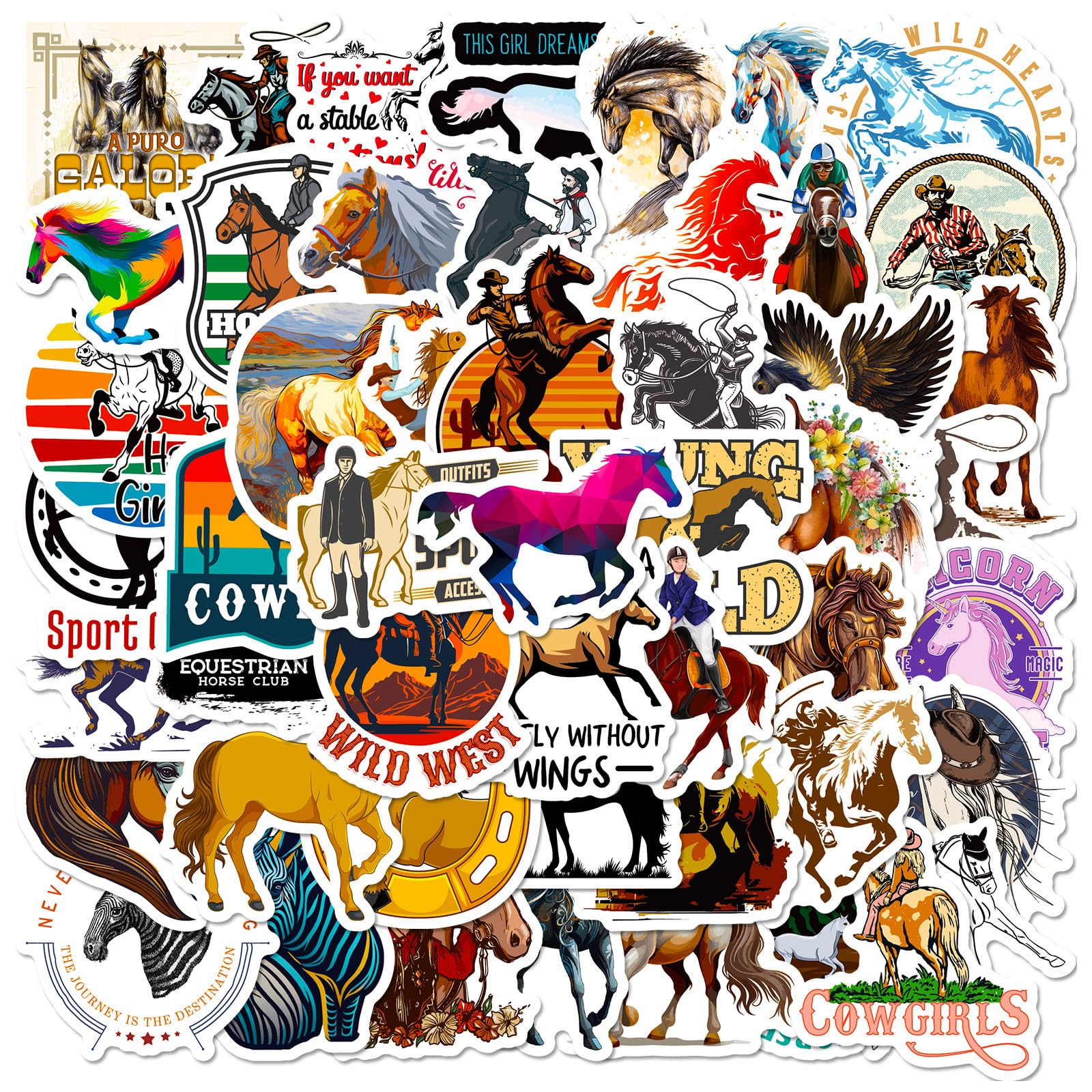50Pcs Pack Horse Stickers Horse Style PVC Waterproof Vinyl Stickers Decals for Decor Party Car Laptops Water Bottle Helmet Refrigerator Stickers (Horse)