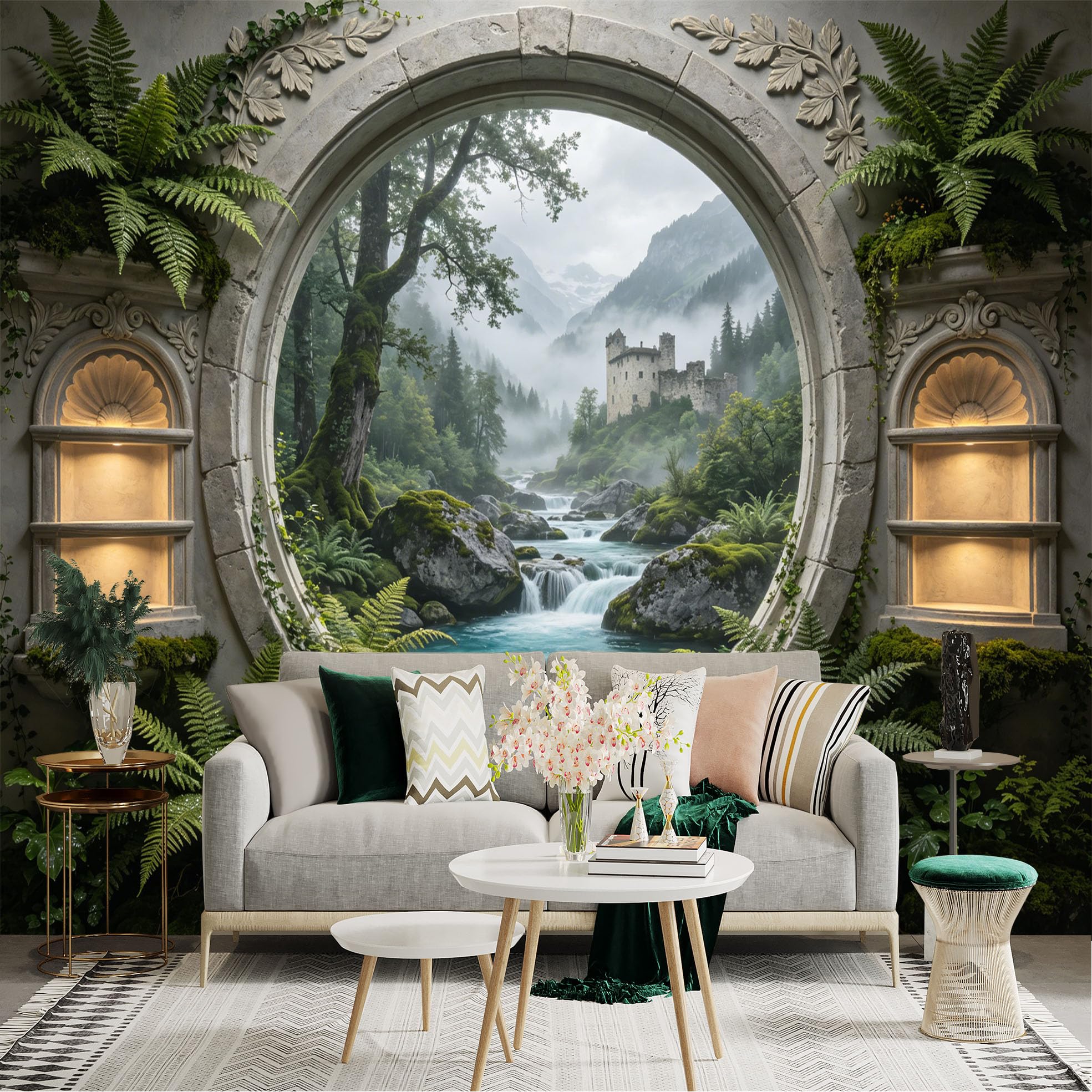 Lnzczhyre Dbh260521242 Custom Size Wall Sticker Mural， Misty Mountain Landscape， Ancient Stone Castle， Serene River Stream， Lush Forest Ferns， For Wall Decoration， Peelandstick Wall Decals.
