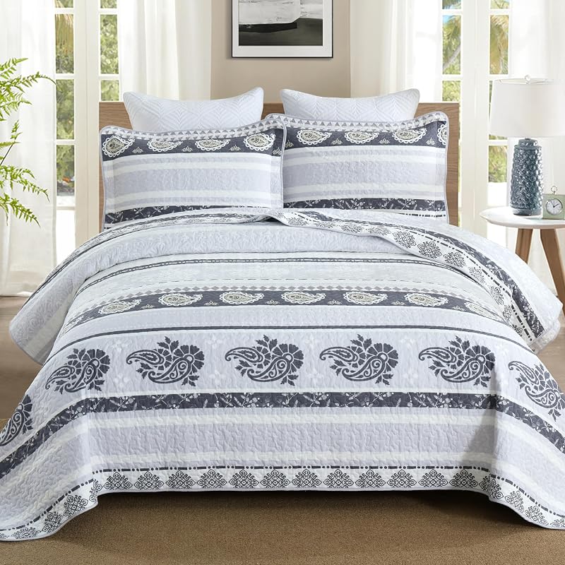 Purple King Size Comforter,Cotton Quilt Set,Paisley Bedding Striped Bed Set with 2 Pillow Shams Reversible Bedspread All Seasons,Lightweight Soft 100% Cotton 3 Piece