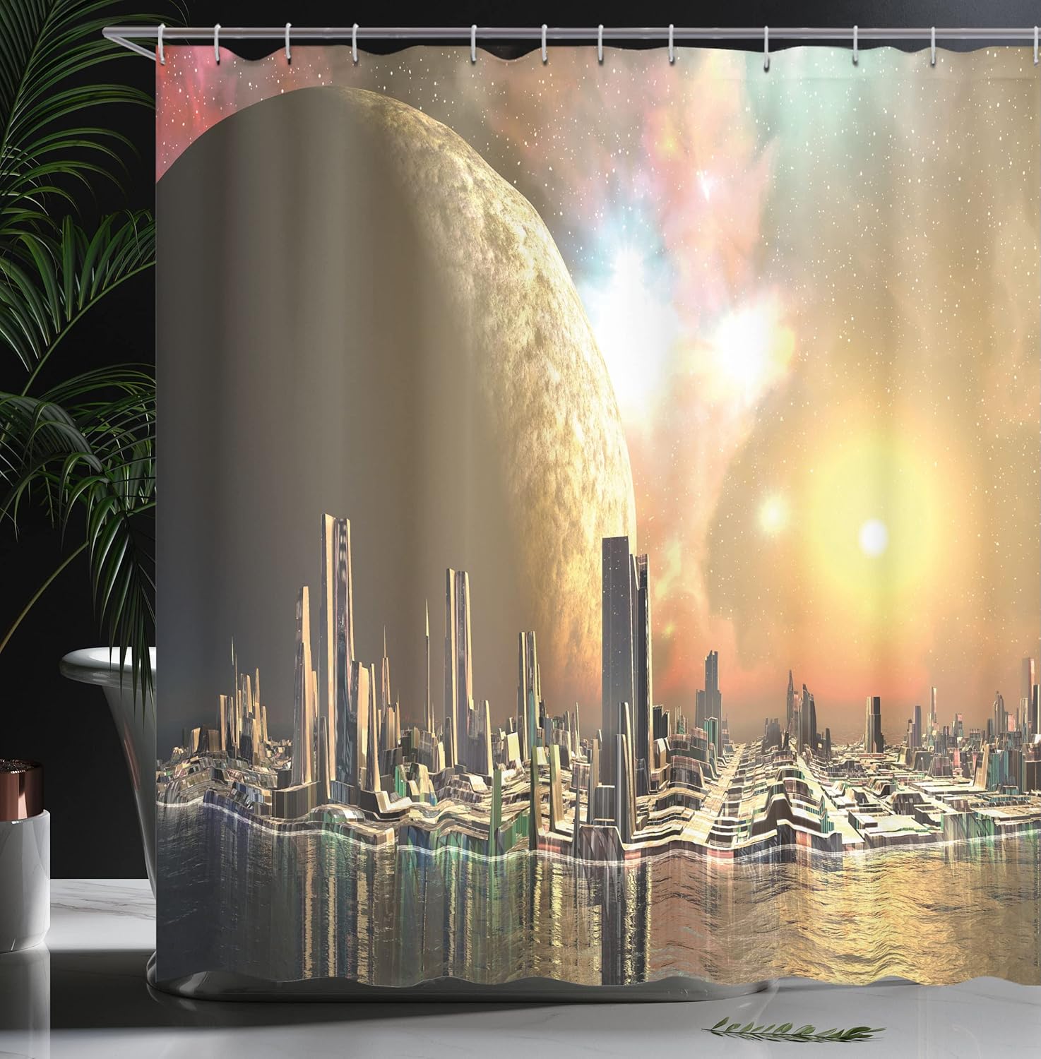 Ambesonne Cityscape Shower Curtain, Utopia Islands Floating Future Cities Imaginary Fantasy Artwork Futuristic, Cloth Fabric Bathroom Decor Set with Hooks, 69" W x 70" L, Yellow Peach
