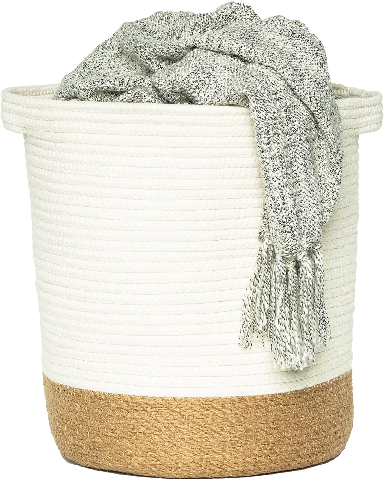 Large Cotton Jute Rope Woven Storage Basket with Handles – Natural Laundry Toy Bin Towels Blanket Basket Decor Gift, 14” x 15”