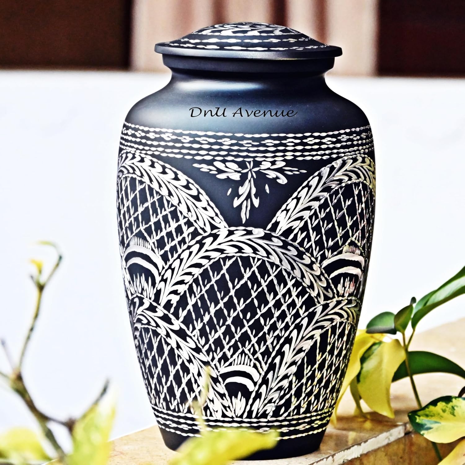 Handcrafted Aluminum Cremation Urn for Human Ashes, Elegant Black Funeral Urn for Adults, Memorial Urn for Men or Women, Decorative Keepsake Urn (Large Size 10.5 x 6 Inches)