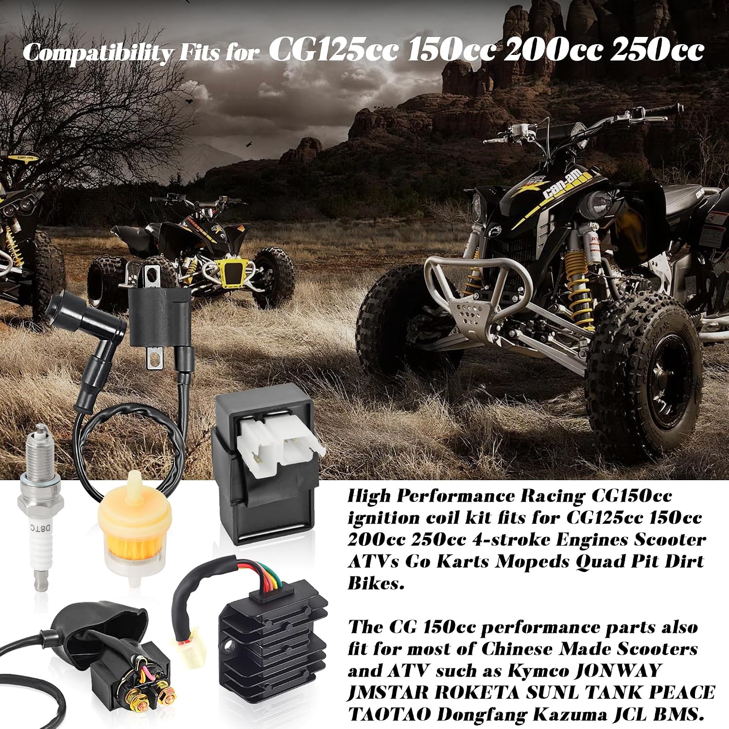 Ignition Coil Kit with 6 Pin AC CDI Box Voltage Regulator Rectifier Solenoid Relay & Spark Plug for CG150cc 200cc 250cc Engine Chinese ATV 4 Wheeler Quad High Performance Parts of 6
