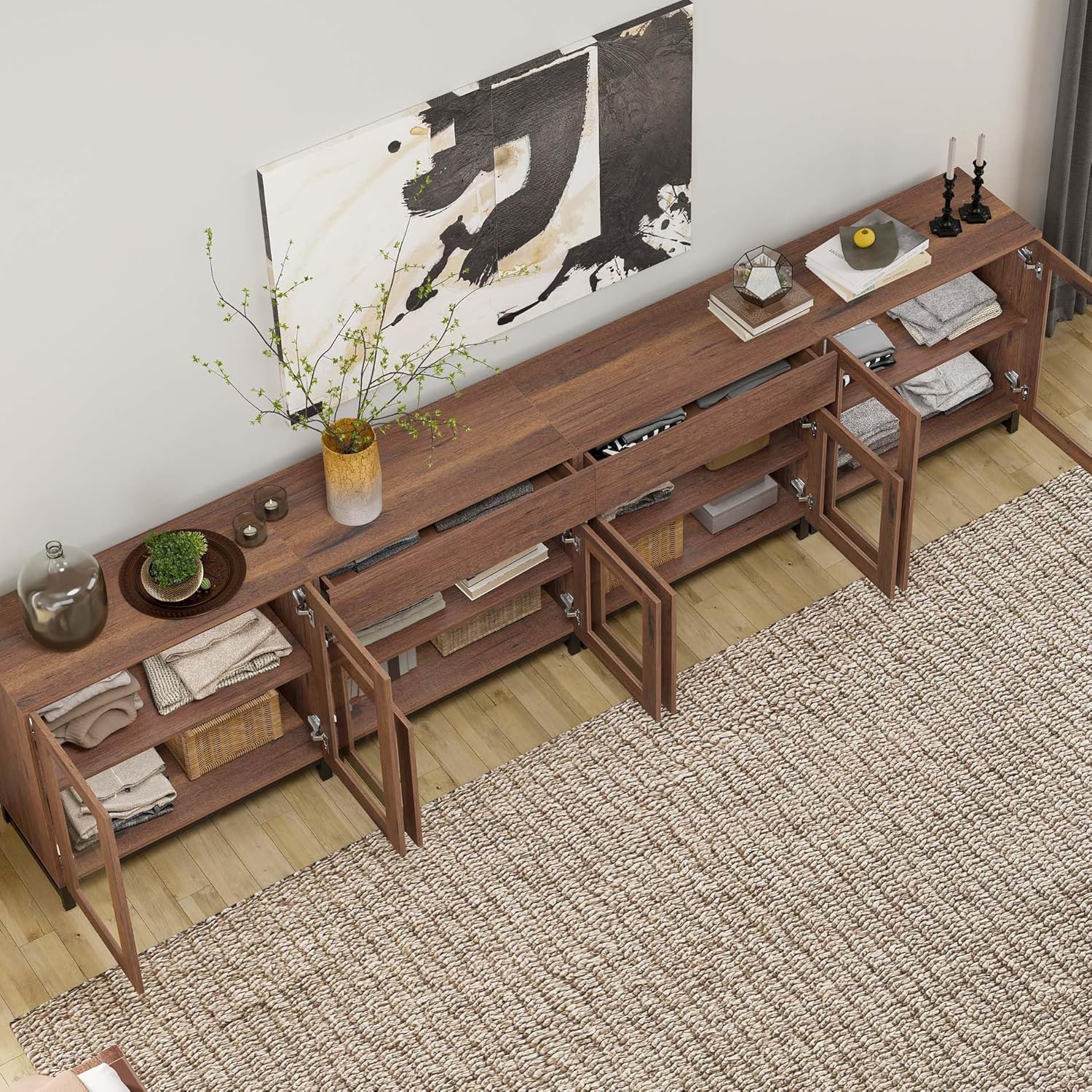 WAMPAT 4 in 1 TV Stand for TVs up to 120 inch, Modern TV Console with Glass Doors and 2 Drawers, Media Console with Adjustable Shelf for Living Room, Bedroom, Brown