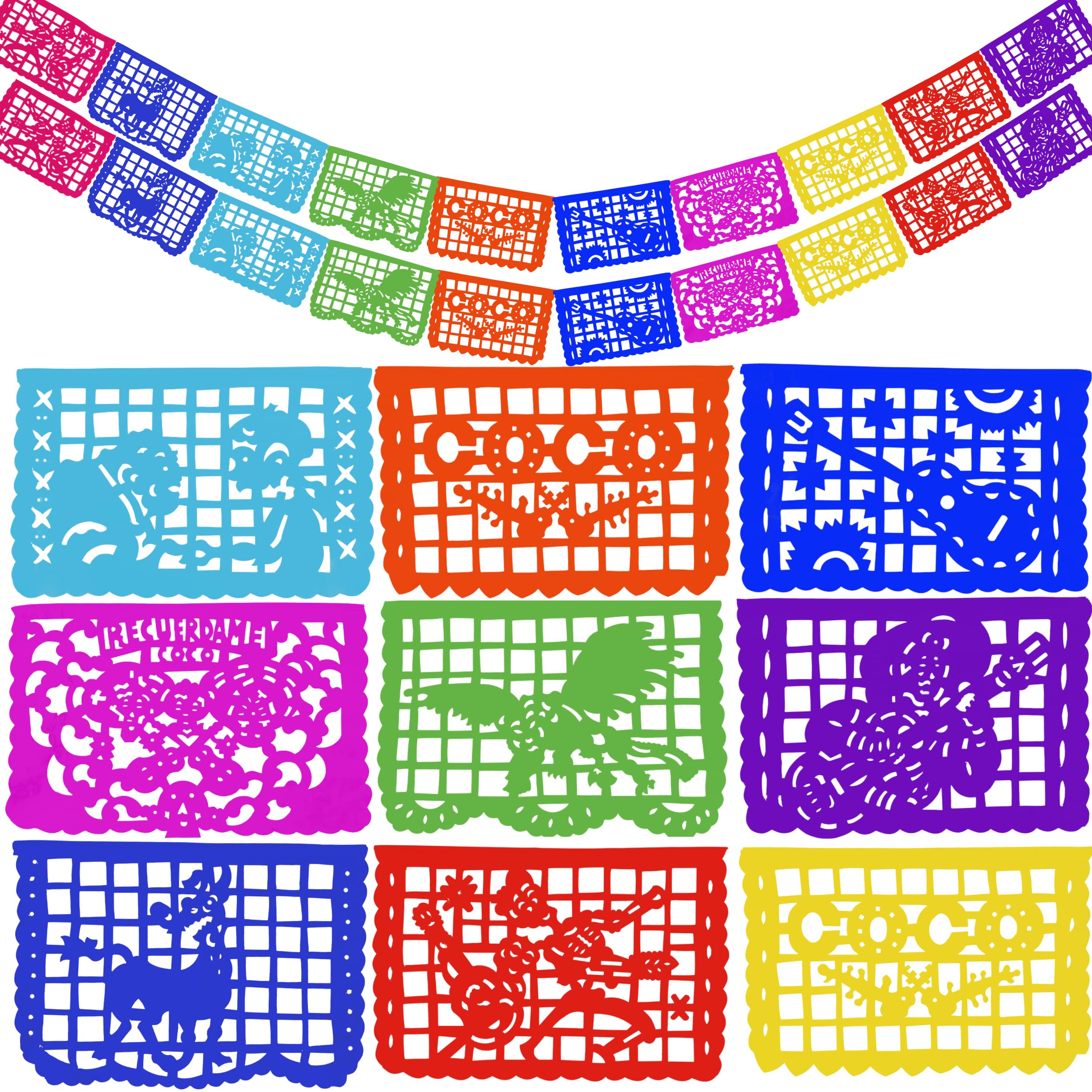 Coco-themed Party Banners (30-ft; Plastic), Mexican Papel Picado with Coco Movie Characters and Scenes, Fiesta Party Decorations for Dia de los Muertos, Birthdays, Holidays (2 banner set)