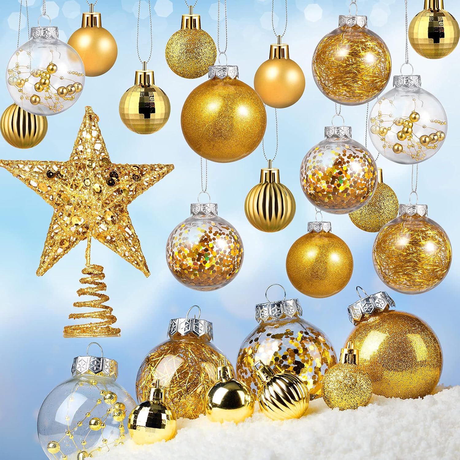 Christmas Balls Ornaments set Shatterproof Star Balls tree Baubles Set Plastic Tree Topper Star Clear Balls for Tree Birthday Holiday Indoor Outdoor Decor (Gold,49 Pieces)