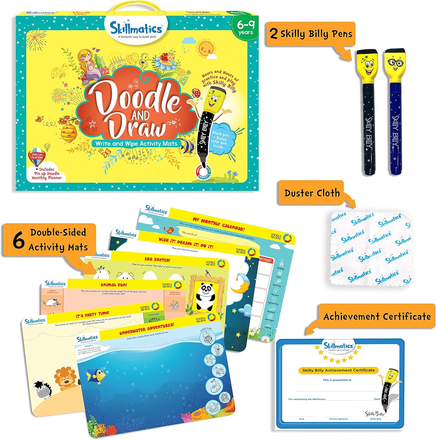 Skillmatics Educational Game : Doodle and Draw | Reusable Activity Mats with 2 Dry Erase Markers | Gifts & Creative Learning for Ages 6-9
