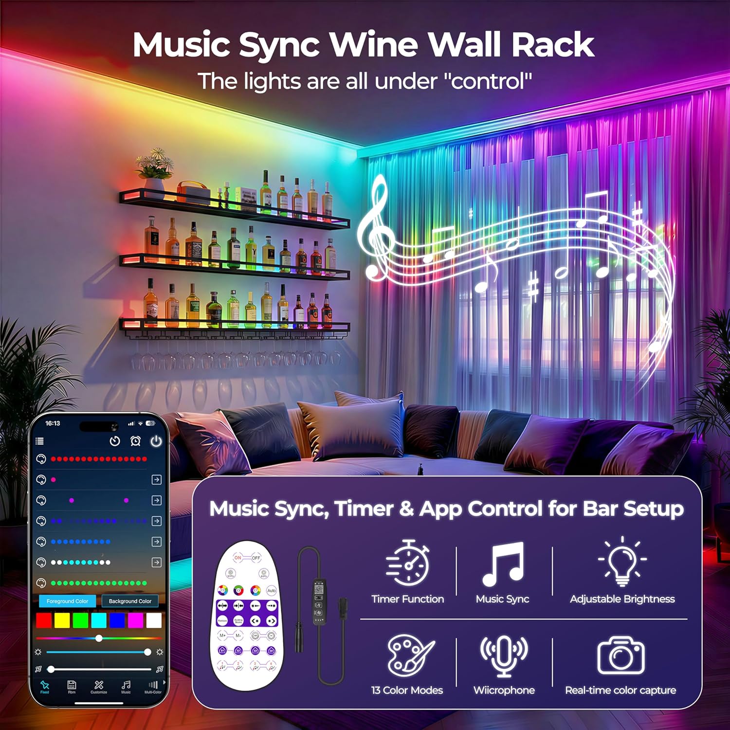 Wall Mounted Wine Rack Set of 3 with RGB LED Lights, 48 Inch Metal Wall Wine Rack with Glass Holder, 3 Tier Wine Bottle Display Shelf with Hanging Stemware for Home Bar Kitchen Dining Room (Black)