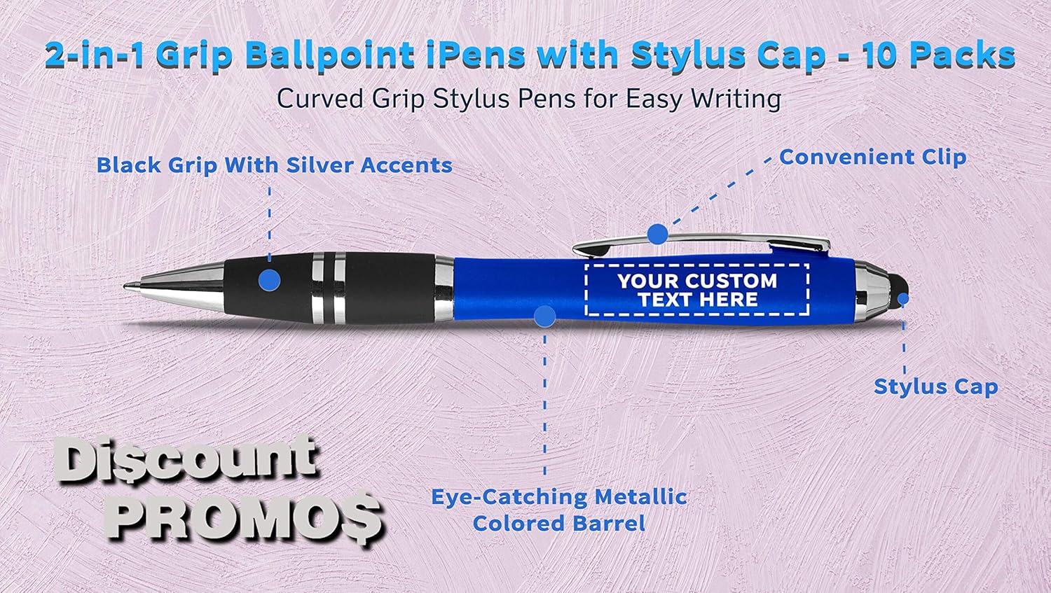 DISCOUNT PROMOS Personalized Stylus Grip Ballpoint iPens - 10 pack - Plastic Pens - Customizable Text, Logo - Blue