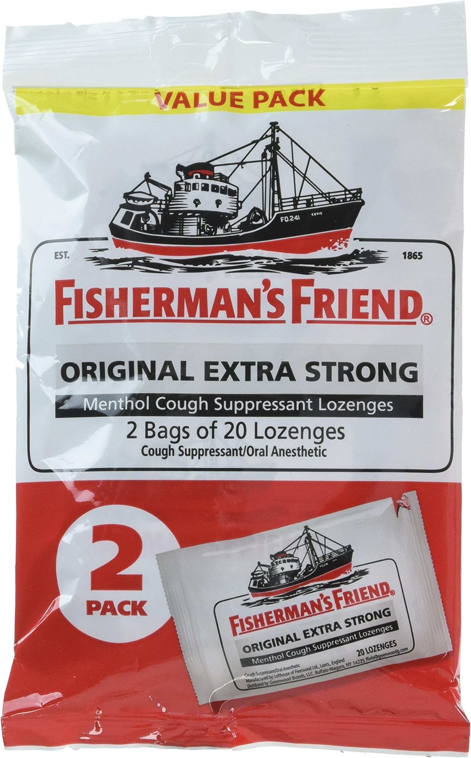 Fisherman's Friend Original Extra Strong Cough Suppressant Lozenges, 40-Count Bags (2 Pack)