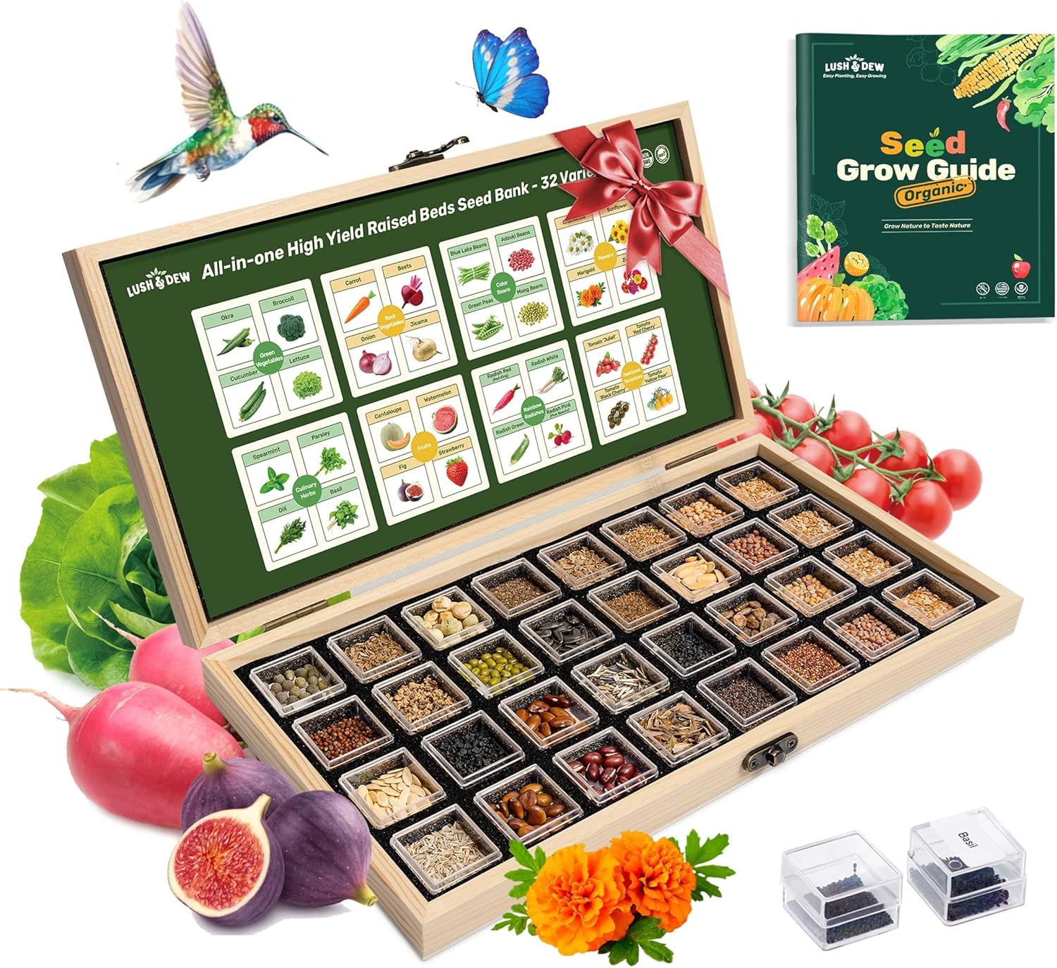 Lush&Dew Raised Garden Bed Heirloom Seed Bank, 32 Varieties 30,000+ Non-GMO Seeds for Planting Vegetables Herbs Fruits Year-Round, Gardening Gifts for Women Men, Survival Seed Kit for Food Supplies