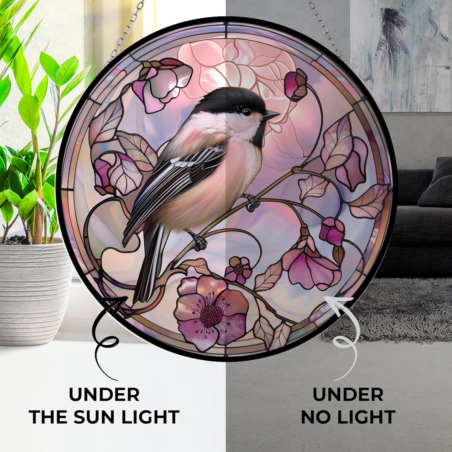 Easter Chickadee Stained Glass Window Hangings, Cat Butterfly Sunflower Handcrafted Stained Glass Suncatchers, Gift for Cat Lovers Nature Lovers (12”x12”)