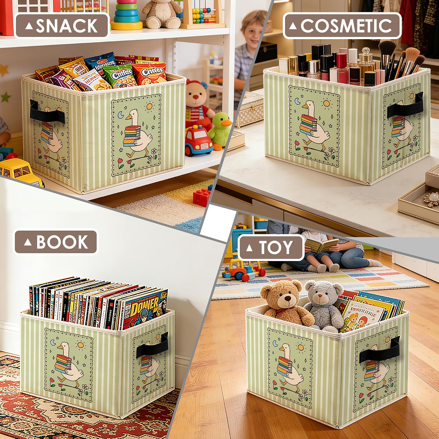Trendy Goose Book Storage Bins with Handles, Sage Green Striped Goose Collapsible Storage Box Basket Books Clothes Organizer for Nursery Playroom Reading Nook Room image 3