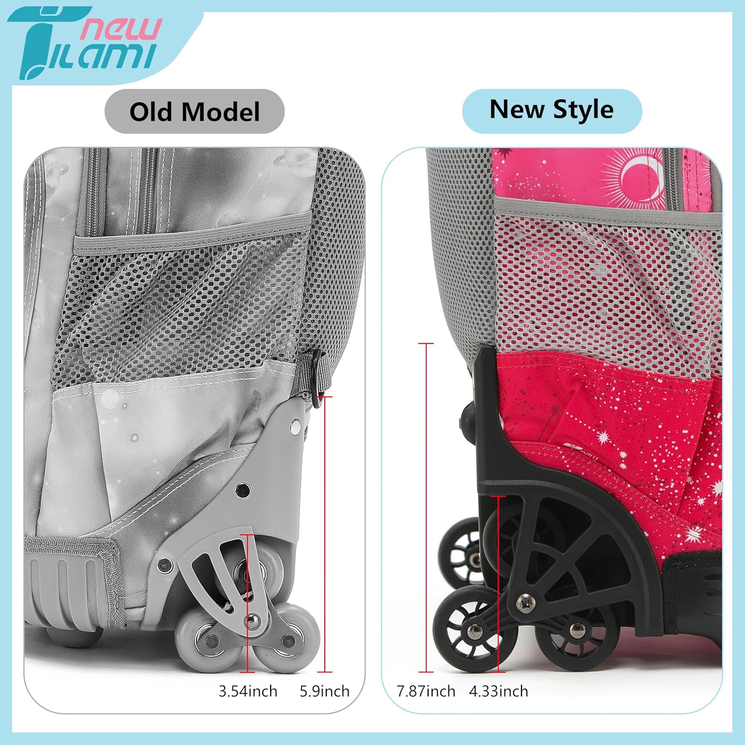 NEW TILAMI 18 Inch Rolling Backpack for kids Adjustable Strap Laptop Backpack Suitcase with Wheels for Girls Boys to School Travel Camping Rolling Backpack, Rose Pink