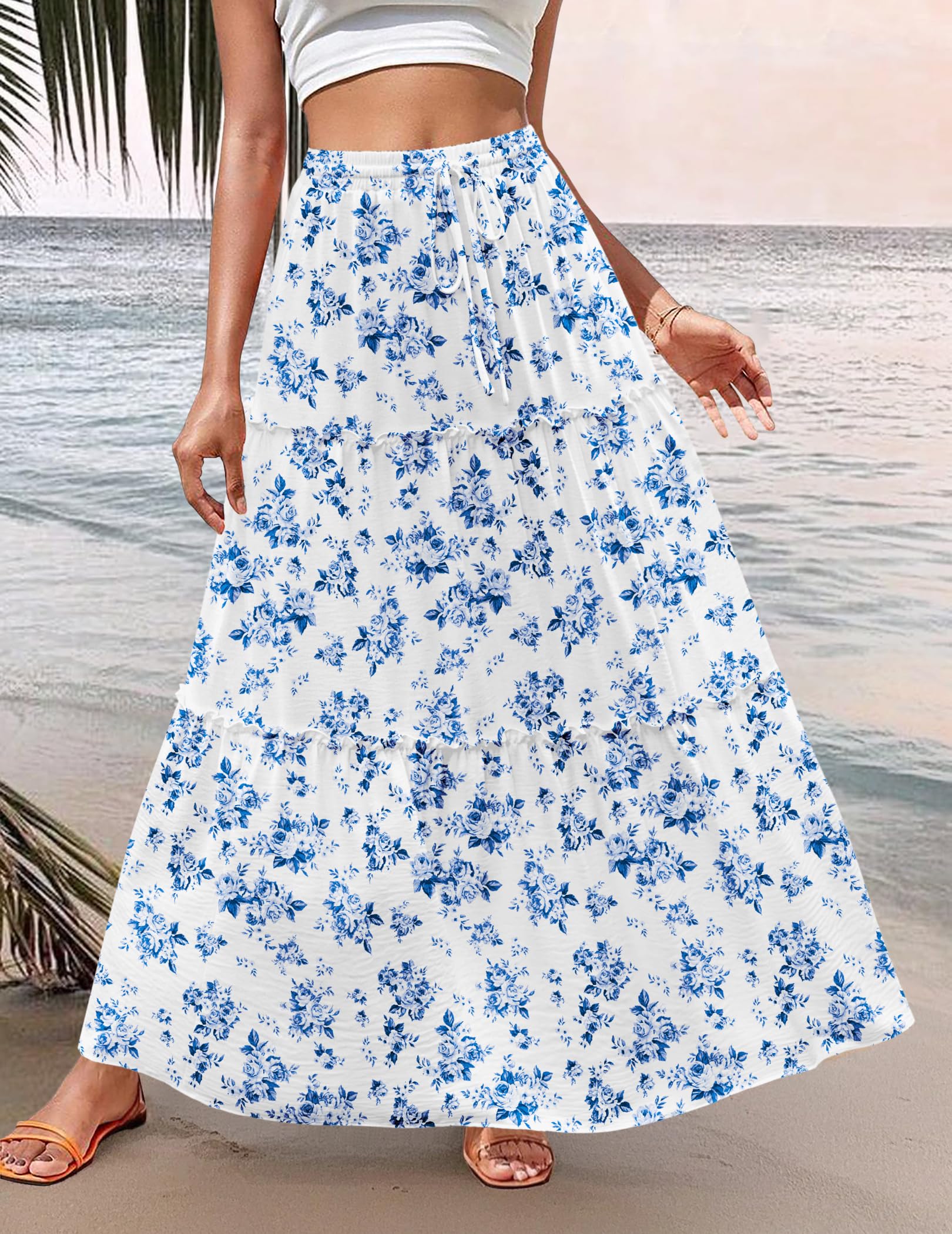 Zeagoo Maxi gonne casual da donna 2025 a vita alta Boho gonne con stampa floreale lunga gonna fluida con tasche
