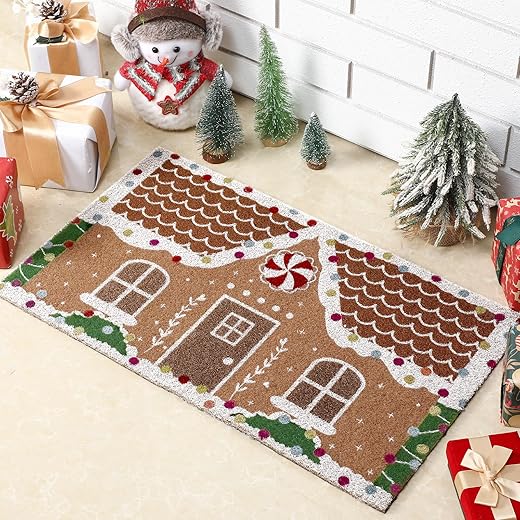 Christmas Gingerbread House Doormat 23.6 x 13.7 Inch Brown Christmas Welcome Artificial Coir Door Mat Gingerbread Non Slip Entrance Rugs for Indoor Outdoor Bathroom Kitchen Decor