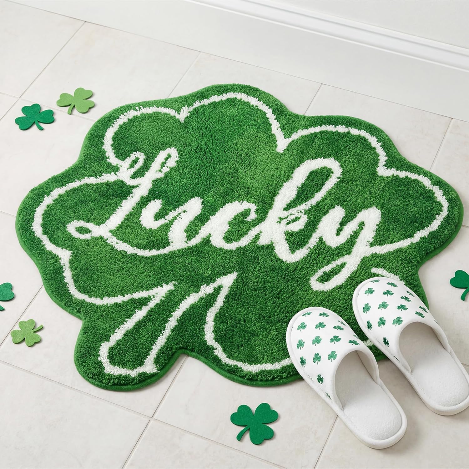 St. Patrick's Day Bath Rug Lucky Green Shamrocks, Happy Saint Patricks Doormat Irish Four Leaf Mat Non Slip Rugs for Bathroom Entrance Front Door Indoor Outdoor 24x24 Inches