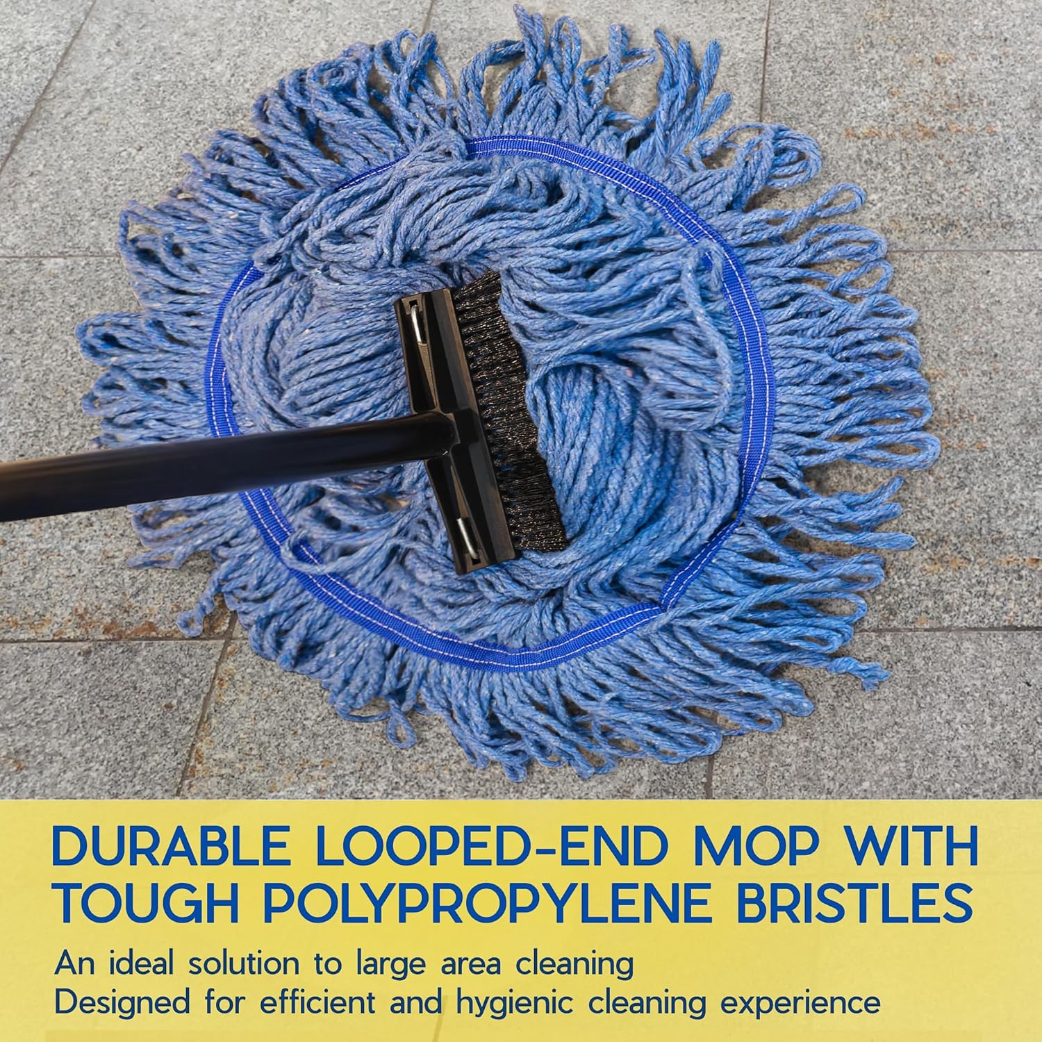 ONESIMUS Large Heavy-Duty Commercial Mop Head Replacement – Screw-On Wet Industrial Cotton Looped String Refill with Built-in Tough Polypropylene Bristle Brush for Floor Cleaning (Blue 6 Pack)