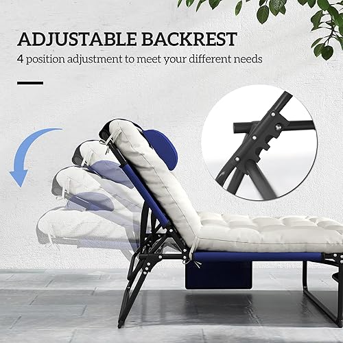 Miniatura 4 de Outsunny Tumbona plegable con respaldo reclinable de 4 niveles, silla de bronceado al aire libre con cojín, silla de salón al aire libre con tela de