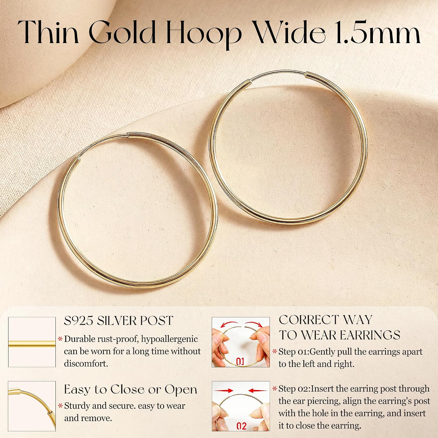 Senteria Thin Gold Hoop Earrings for Women 14k Gold Plated Hoop Earrings Hypoallergenic 925 Sterling Silver Post Lightweight Endless Large Big Gold Hoop Earrings 30/40/50/60/70mm