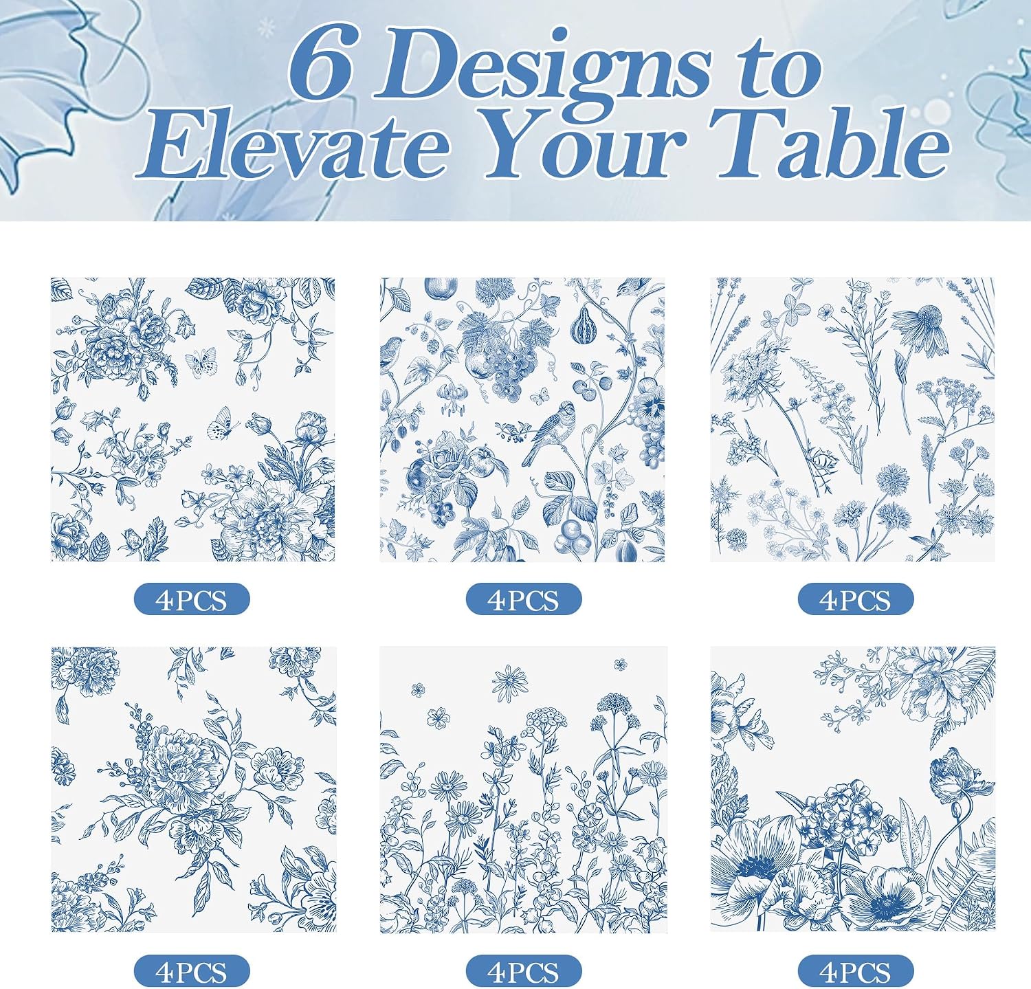 Kochorie 24 Pieces Blue Floral Cloth Napkins, 18 x 18 Inch Reusable Soft Fabric Napkins, Washable Flower Dinner Cocktail Napkin for Spring Summer Tea Party Holiday Home Kitchen Wedding Restaurant
