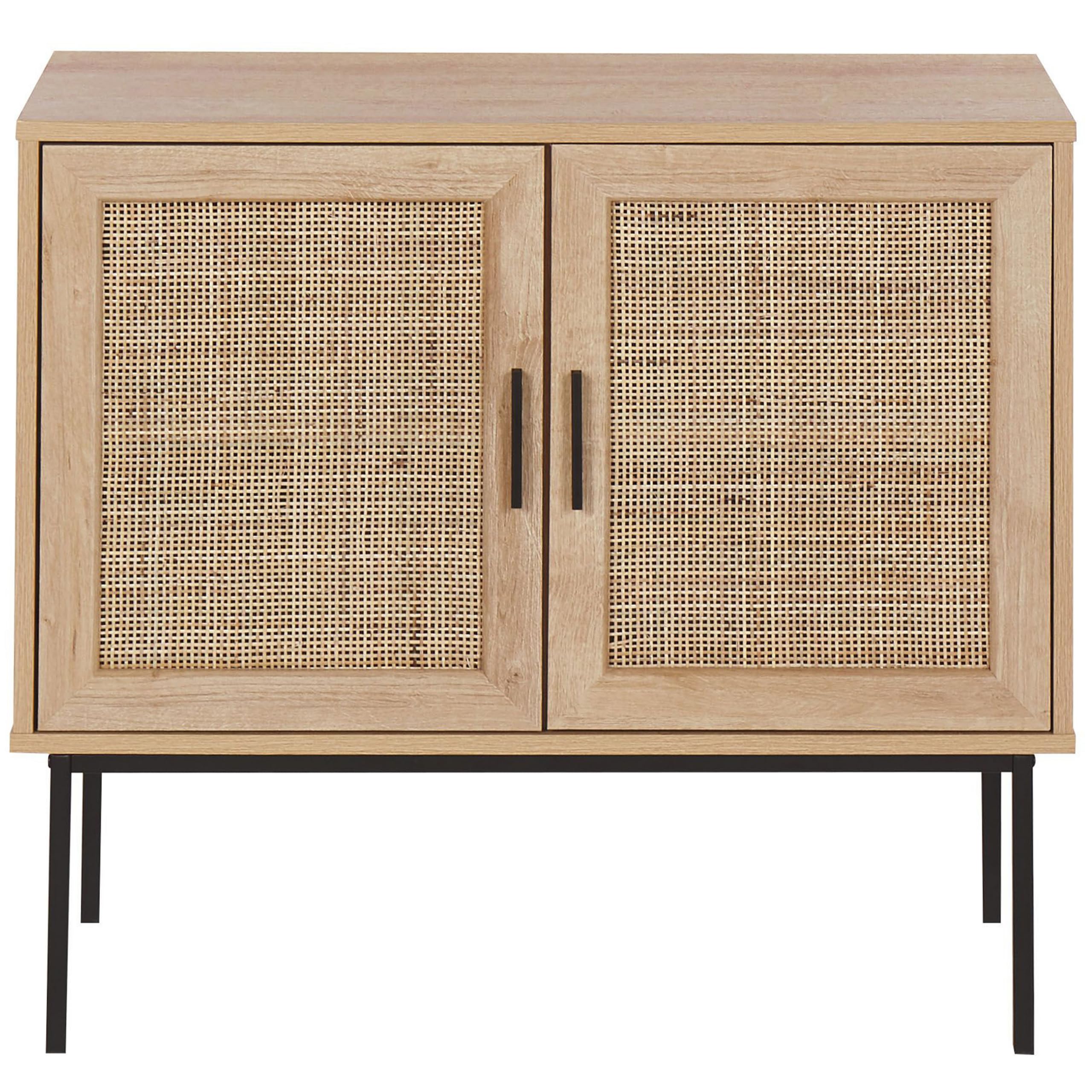 Credenza moderna a 2 ante in rattan con parte anteriore in vimini e gambe in metallo, 72 x 80 cm, finitura in legno chiaro, soluzione elegante per la casa.