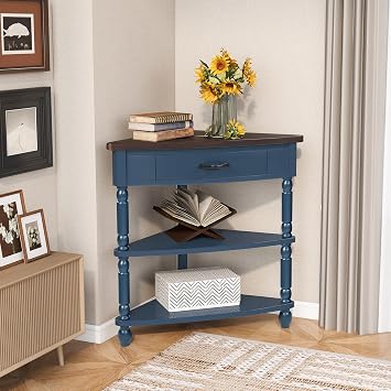 NewCosmos 33.8 Small Triangle Corner Table, Wood Corner Side Table for Small Spaces/Living Room, 3 Tier End Corner Table with Solid Wood Legs, Navy Blue and Espresso Top