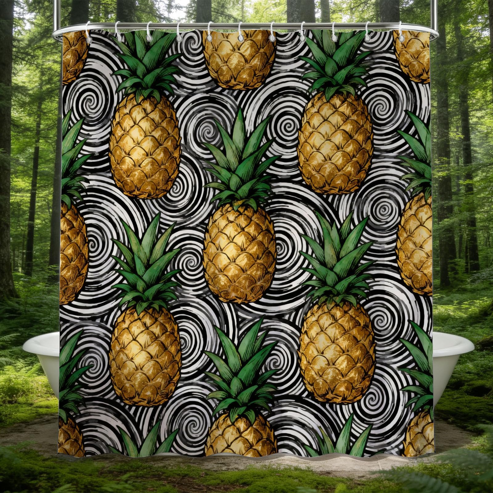 Hongduo 3D Gold Pineapple Shower Curtain for Stalls Bathtubs Hand-Drawn Illustration Bathroom Decor Shower Curtain Set Polyester Fabric Waterproof 180x180cm/71X71 Inch with Hooks