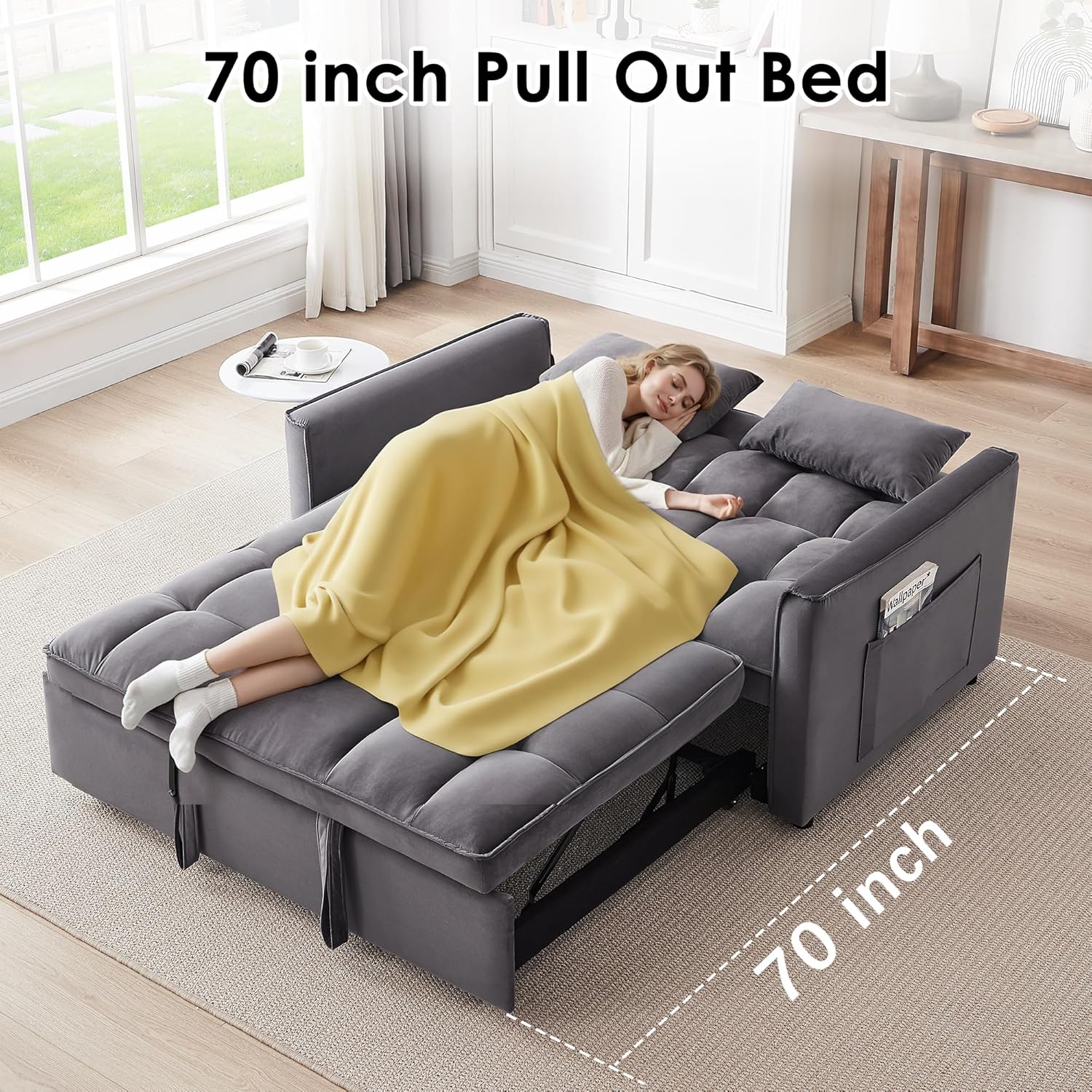 Sleeper Sofa Bed,55'' Convertible Pull Out Couch with Side Pockets,Velvet Fabric Loveseat Sleeper Sofa with Adjustable Backrest for Living Room,Apartment(Darkgrey)