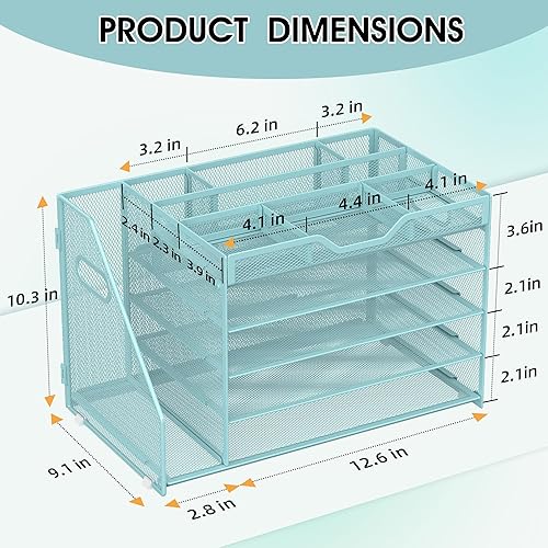 Vista 2 de Bandeja de papel de 5 niveles con soporte para archivos y 3 soportes para bolígrafos, organizador de archivos de escritorio de malla con asa