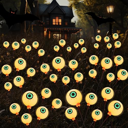 JOYIN Halloween Decorations Outdoor Solar Scary Eyeball Lights, 4 Pcs 24LEDs Warm Pathway Yard Stakes, Waterproof Firefly Lights for Halloween Graveyard Yard Garden Patio Walkway Party