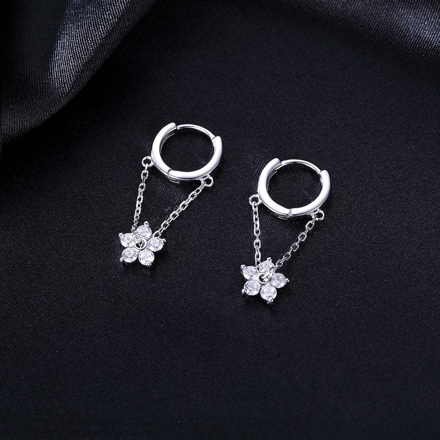 Reffeer 925 Sterling Silver Flower Chain Drop Earrings Hoop for Women Teens Huggie Hoop Dangle Earrings Chain - Image 4