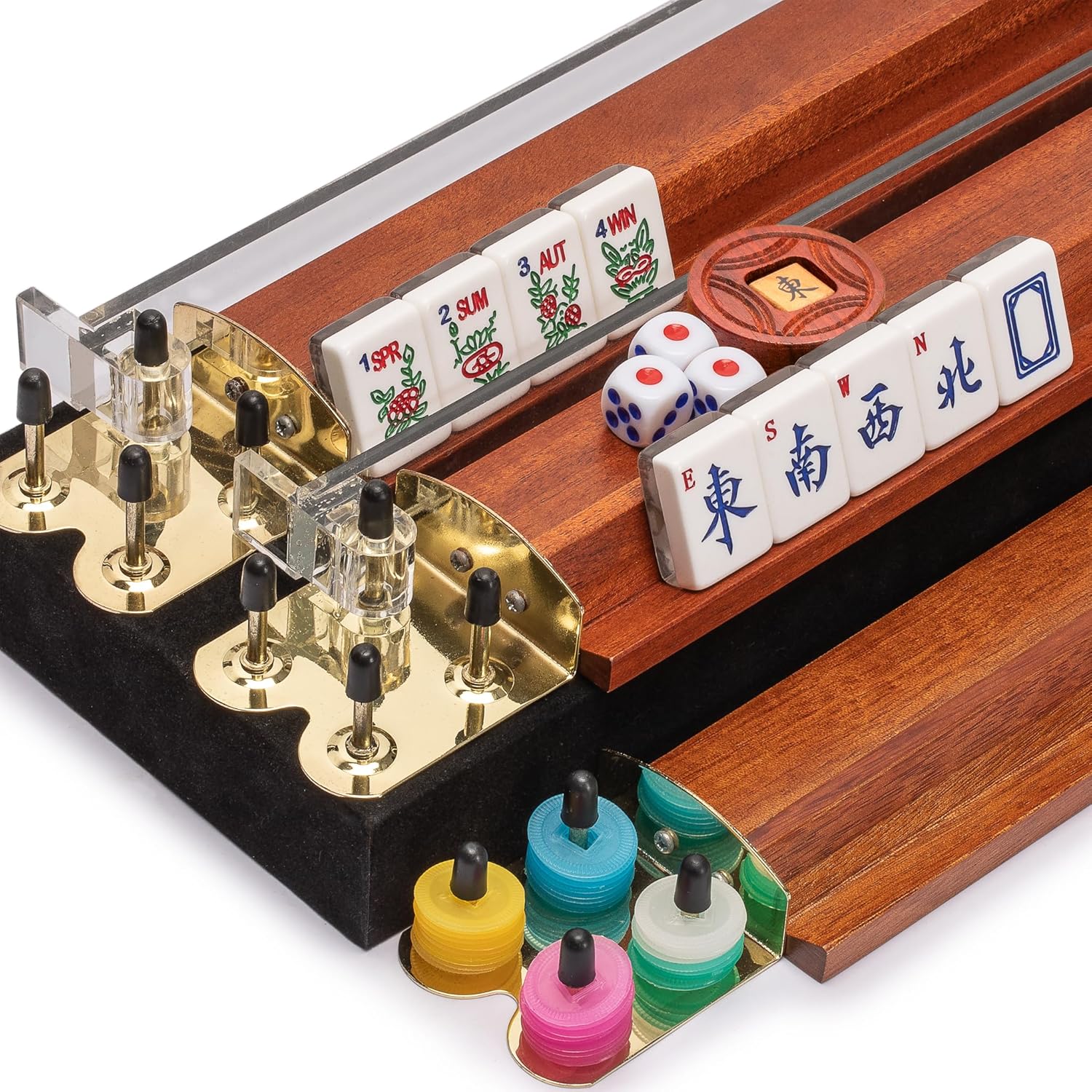 Yellow Mountain Imports American Mahjong Set, Little Birdie with Wooden Case, Wooden Racks with Acrylic Pushers, Wright Patterson Scoring Coins, Dice, & Wind Indicator