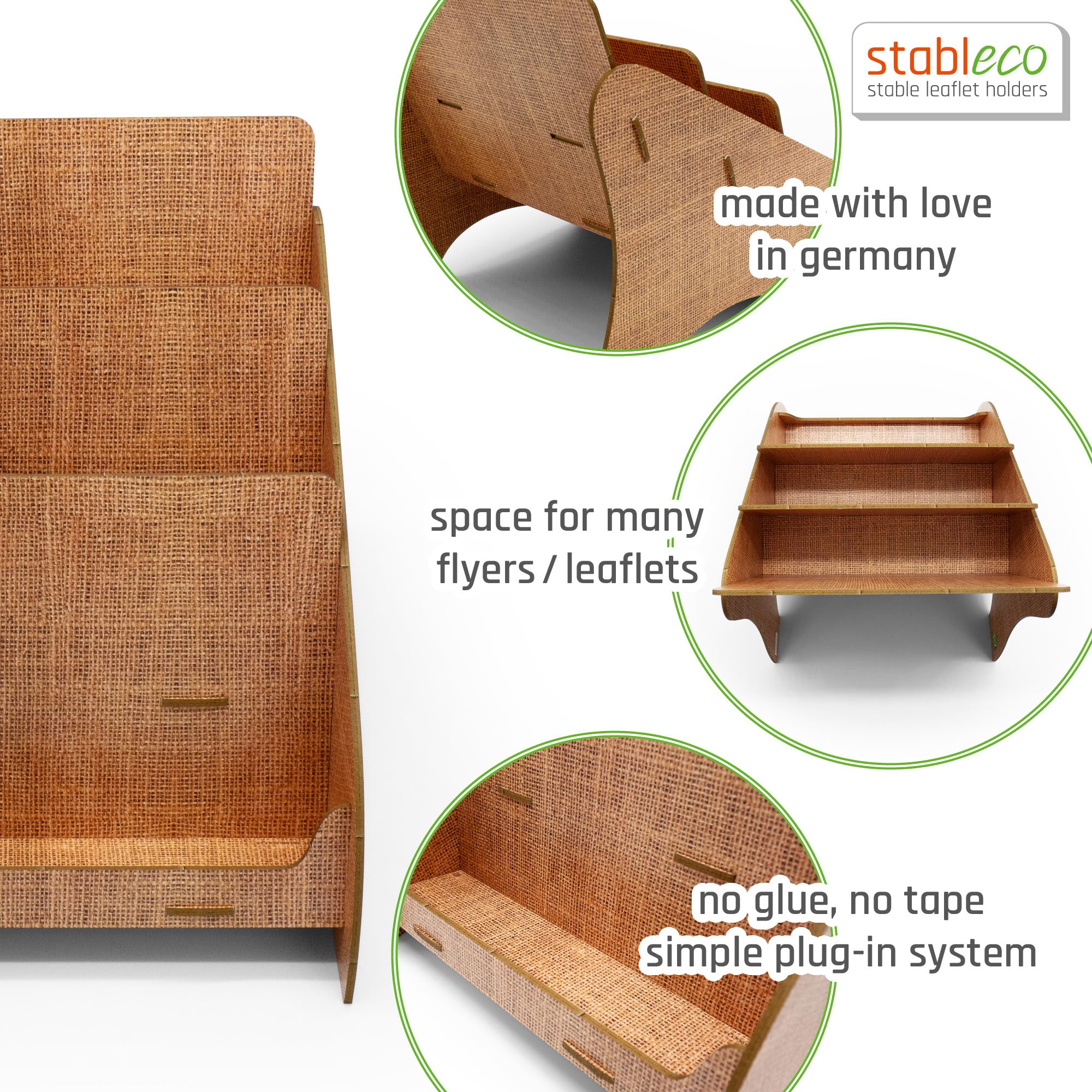 1 soporte para folletos ecológico DIN A5 horizontal con 3 compartimentos estable en diseño natural No Plastic! Just Paper! Soporte sostenible para folletos, soporte para tarjetas postales de