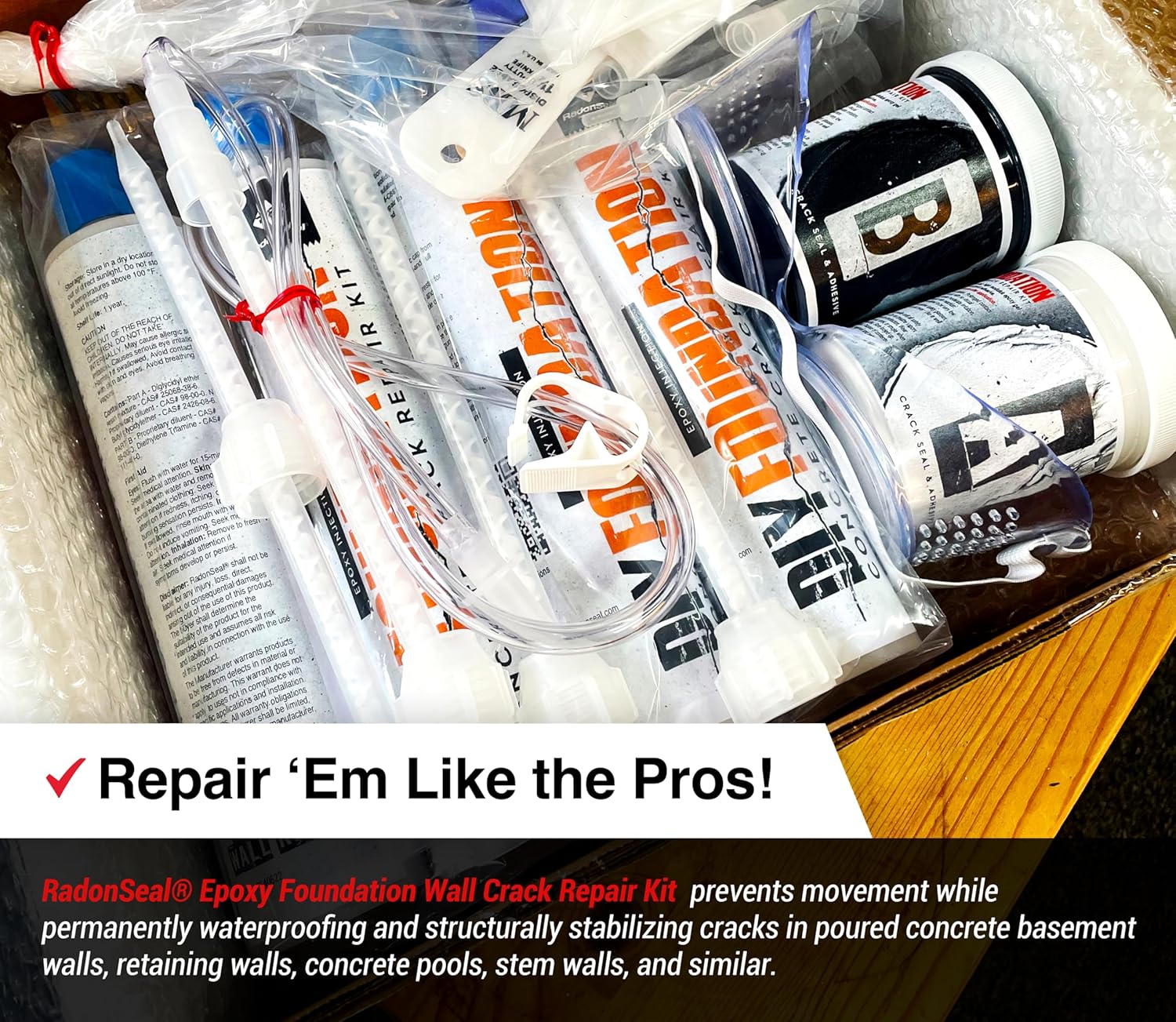 RadonSeal Epoxy Foundation Crack Repair Kit (20-Ft) ASTM Epoxy Injection Crack Filler. Waterproofs & Stabilizes Basement, Foundation, & Retaining Walls Permanently.