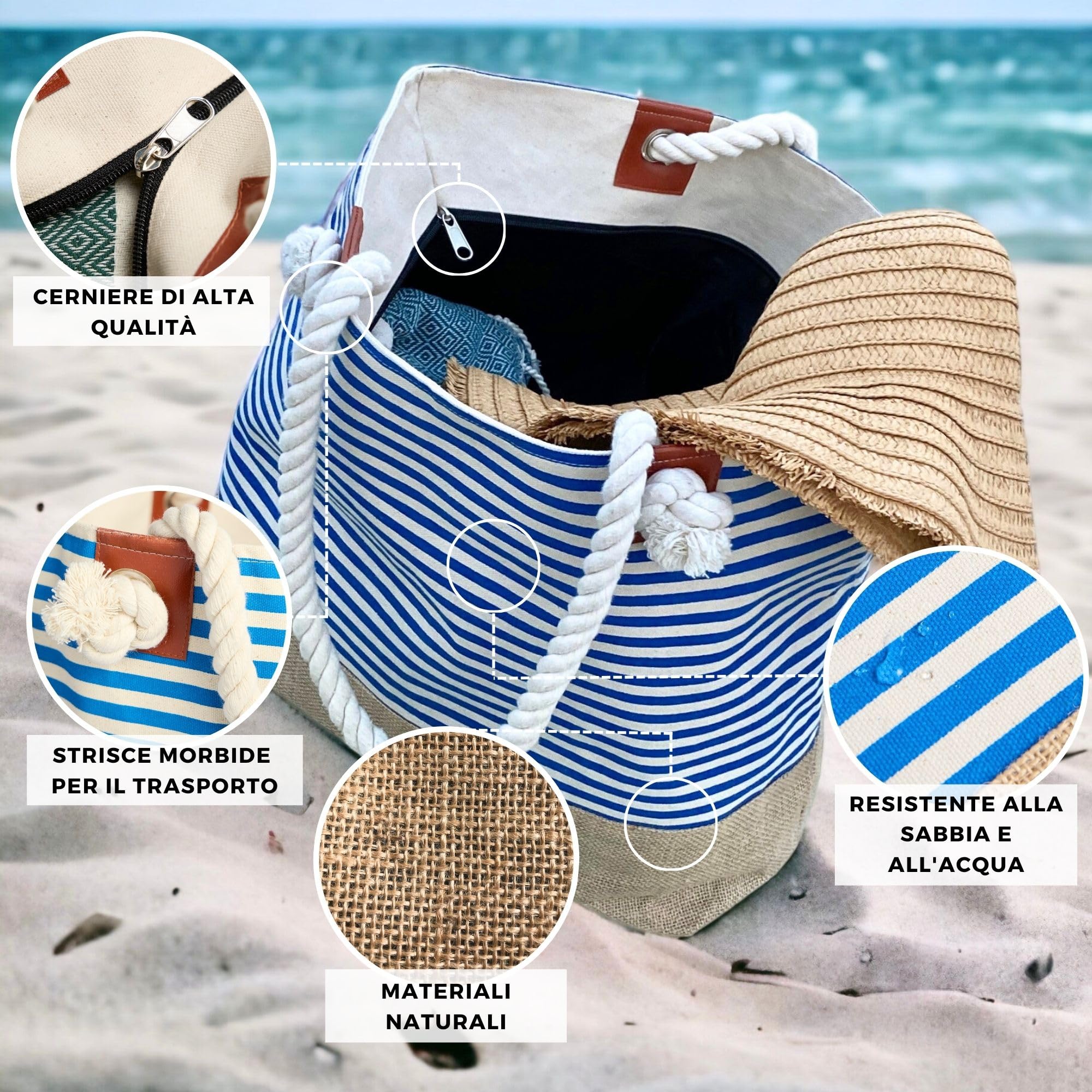 furora HOLIDAY Borsa Mare Grande XL, Donna + Uomo: con cerniera e 2 tasche interne (per costumi da bagno bagnati e oggetti di valore) maniglia comoda, leggera, grande | Borsa Spiaggia e Viaggio