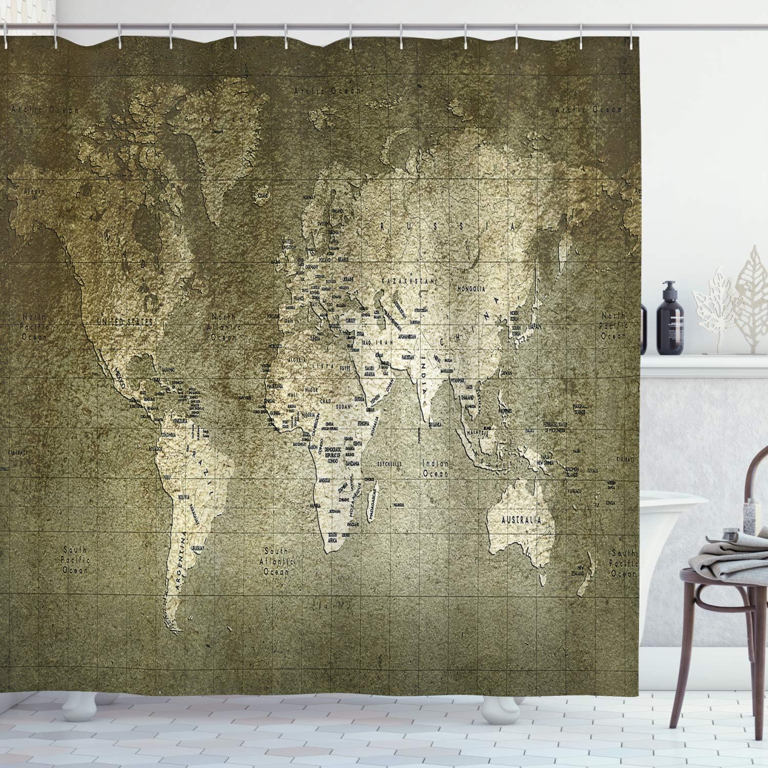 Ambesonne Antique Shower Curtain, Old World Map with Texture Nostalgic Plan Atlas Trace of Life World, Cloth Fabric Bathroom Decor Set with Hooks, 69" W x 84" L, Khaki Beige