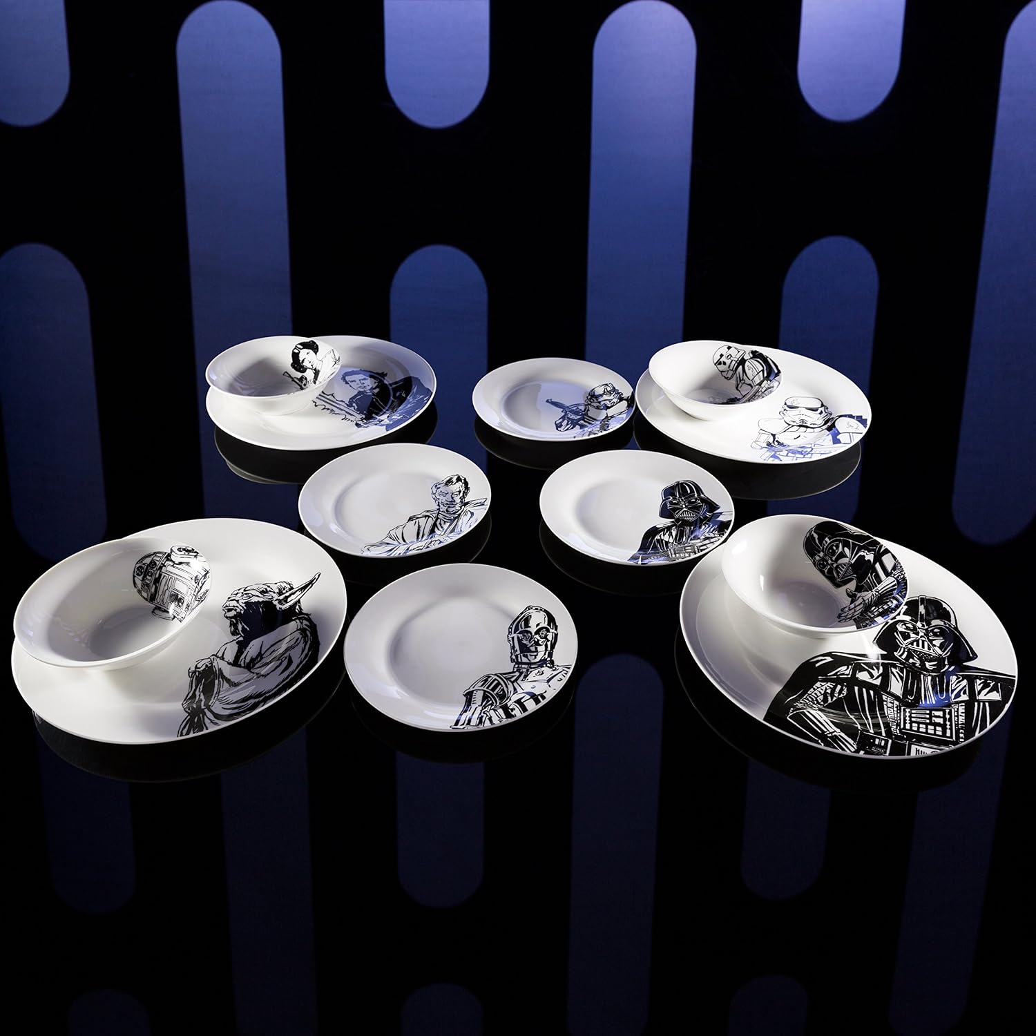 Zak Designs C3P0, Stormtrooper, Darth Vader & Obi-Wan Kenobi Ceramic 10.5" Plates, 4 pack set, Unique Black and White Designs, Star Wars Ep4 7.5in 4pc