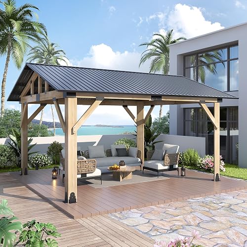GARTOO 13’x15’ Outdoor Hardtop Wood Gazebo - Patio Gazebo with Galvanized Steel Roof, Cedar Wooden Carport Gazebos for Garden, Porch, Patio and Deck