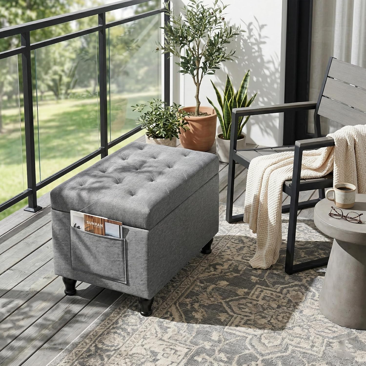24" Rectangular Ottoman with Storage for Living Room & Bedroom, Upholstered Linen Fabric Shoe Bench and Footrest with Safety Hinge, 360lb Capacity, Light Grey