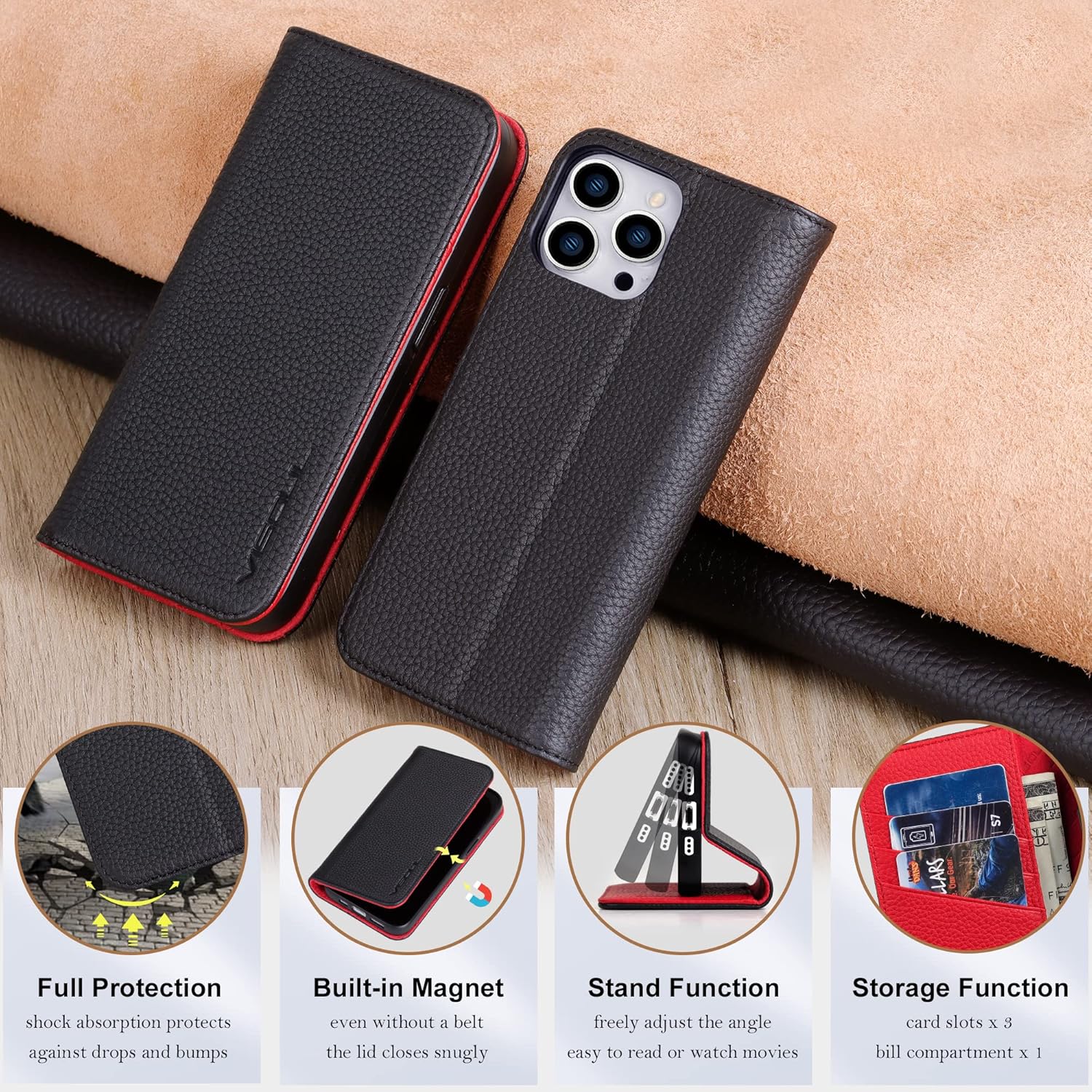 VISOUL Pebbled Leather Wallet Case for iPhone 14 Pro, Genuine Leather Magnetic Flip Folio Case with Card Holder Kickstand Designed for iPhone 14 Pro (6.1")-Black+Red