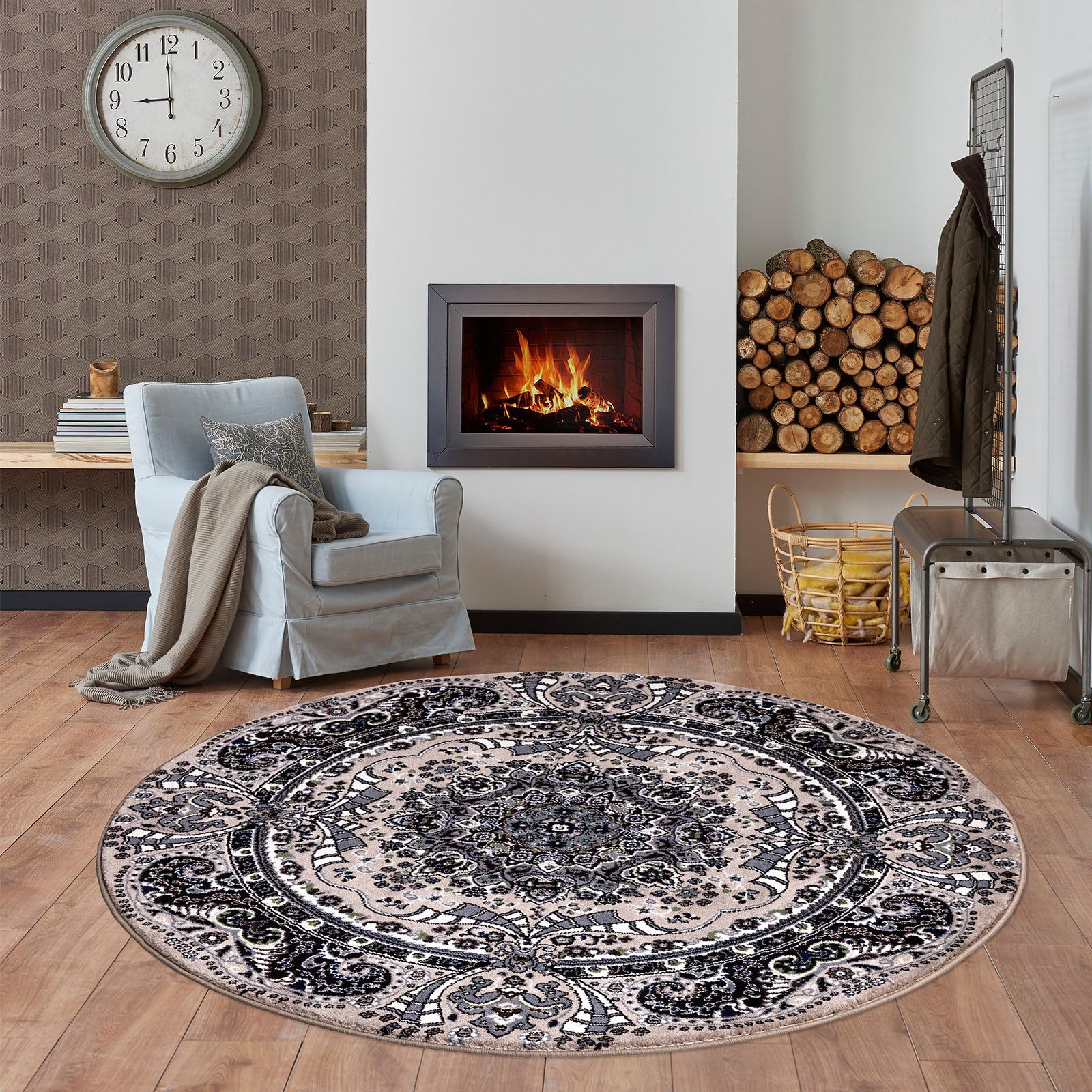 renoazul® Jute Back Round Rugs for Living Room - Rada Beige Traditional Rug - 120 x 120 cm - Soft Bedroom Carpet, Floor Mat and Underlay Circular Rug