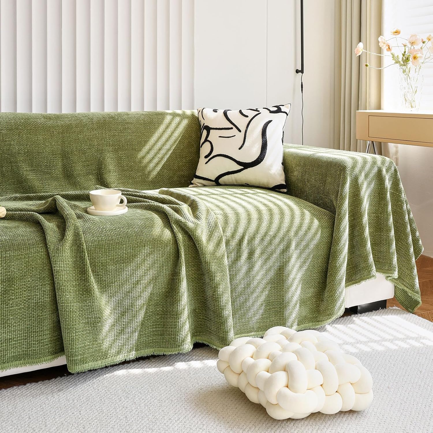 HANDONTIME Dark Green Couch Cover Jacquard Corduroy Couch Cover for Sofa Green Cute Sofa Covers Washable Morden Sofa Covers for 3 Cushion Soft Chenille Sectional Blanket Cover Sofa Decor, 71" X118"