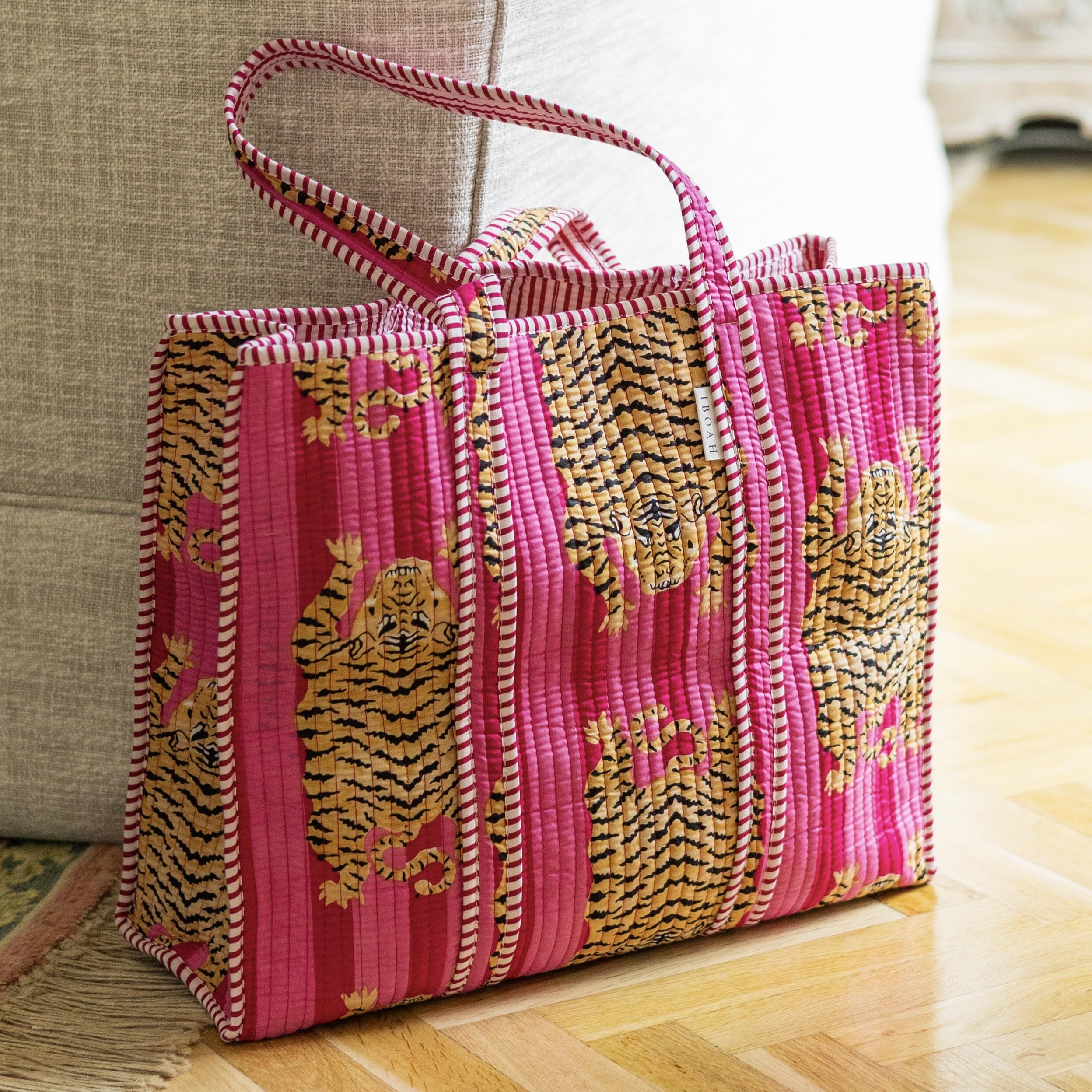 Handtasche aus Baumwolle mit Tigermuster, groß, gepolstert, handgefertigt