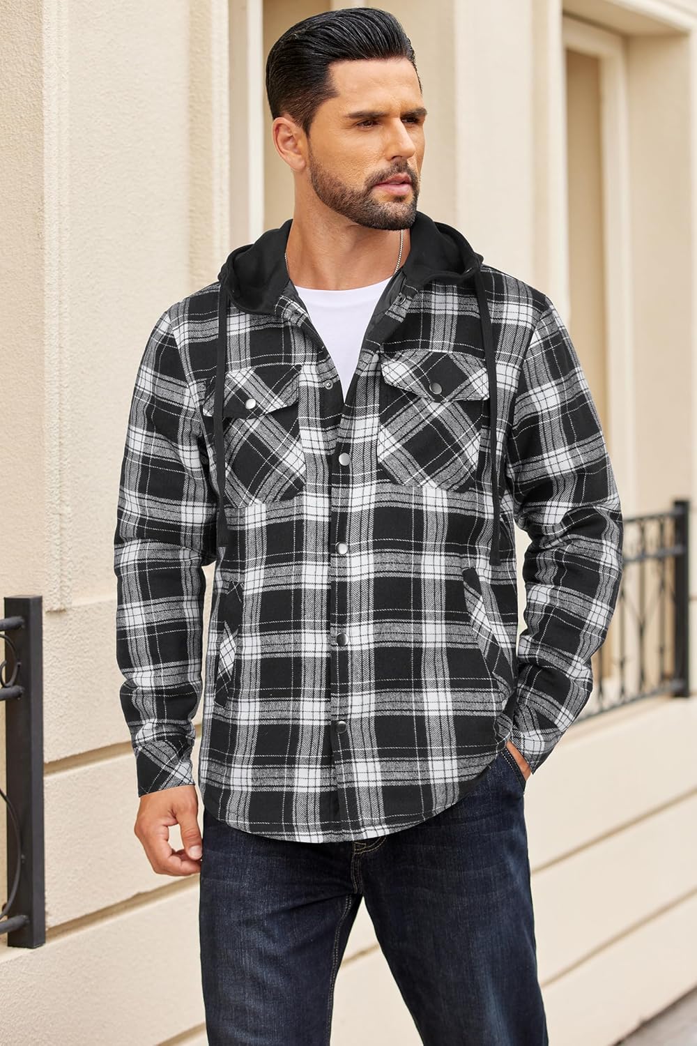 COOFANDY Flannel Jacket for Men Quilted Lined Shacket Long Sleeve Button Down Hoodie Shirt Jackets - Image 3